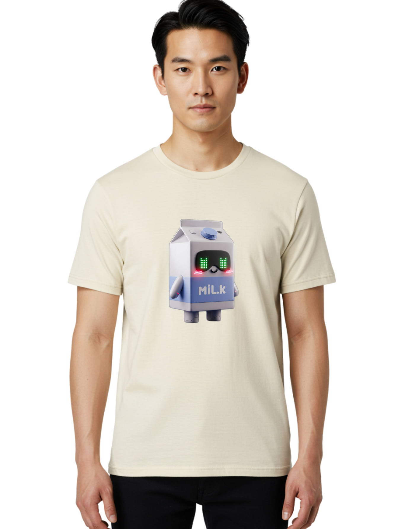 Mil-K-Milk-Carton-Robot Men'S Graphic Tee, 100% Cotton, Comfortable Casual Summer Wear, Machine Washable, Cartoon Milk Carton, Robotic Character, Digital Illustration, Futuristic Design, Glowing Eyes, Led Lights, Cute Mascot, Dairy Product, Bae495
