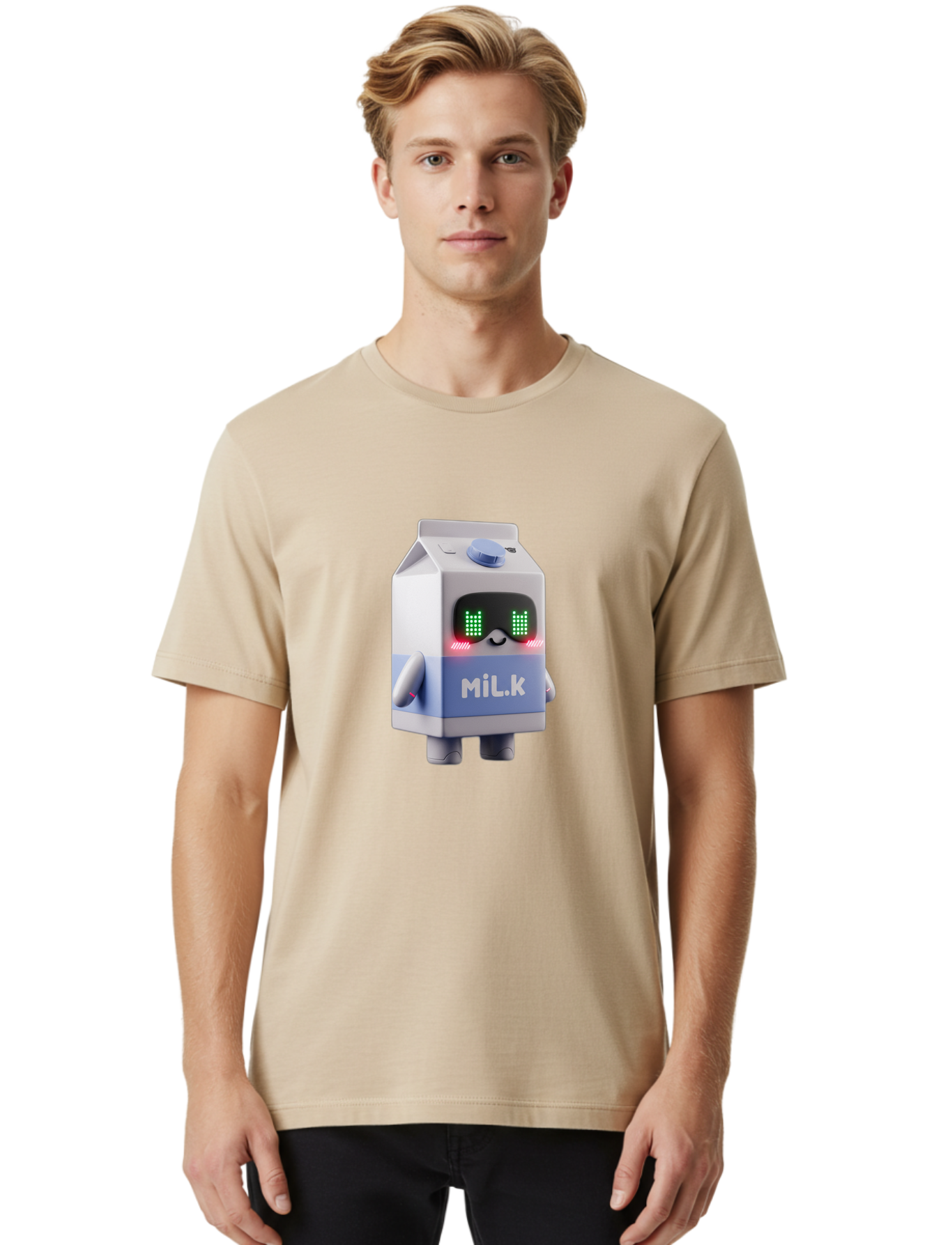 Mil-K-Milk-Carton-Robot Men'S Graphic Tee, 100% Cotton, Comfortable Casual Summer Wear, Machine Washable, Cartoon Milk Carton, Robotic Character, Digital Illustration, Futuristic Design, Glowing Eyes, Led Lights, Cute Mascot, Dairy Product, Bae495