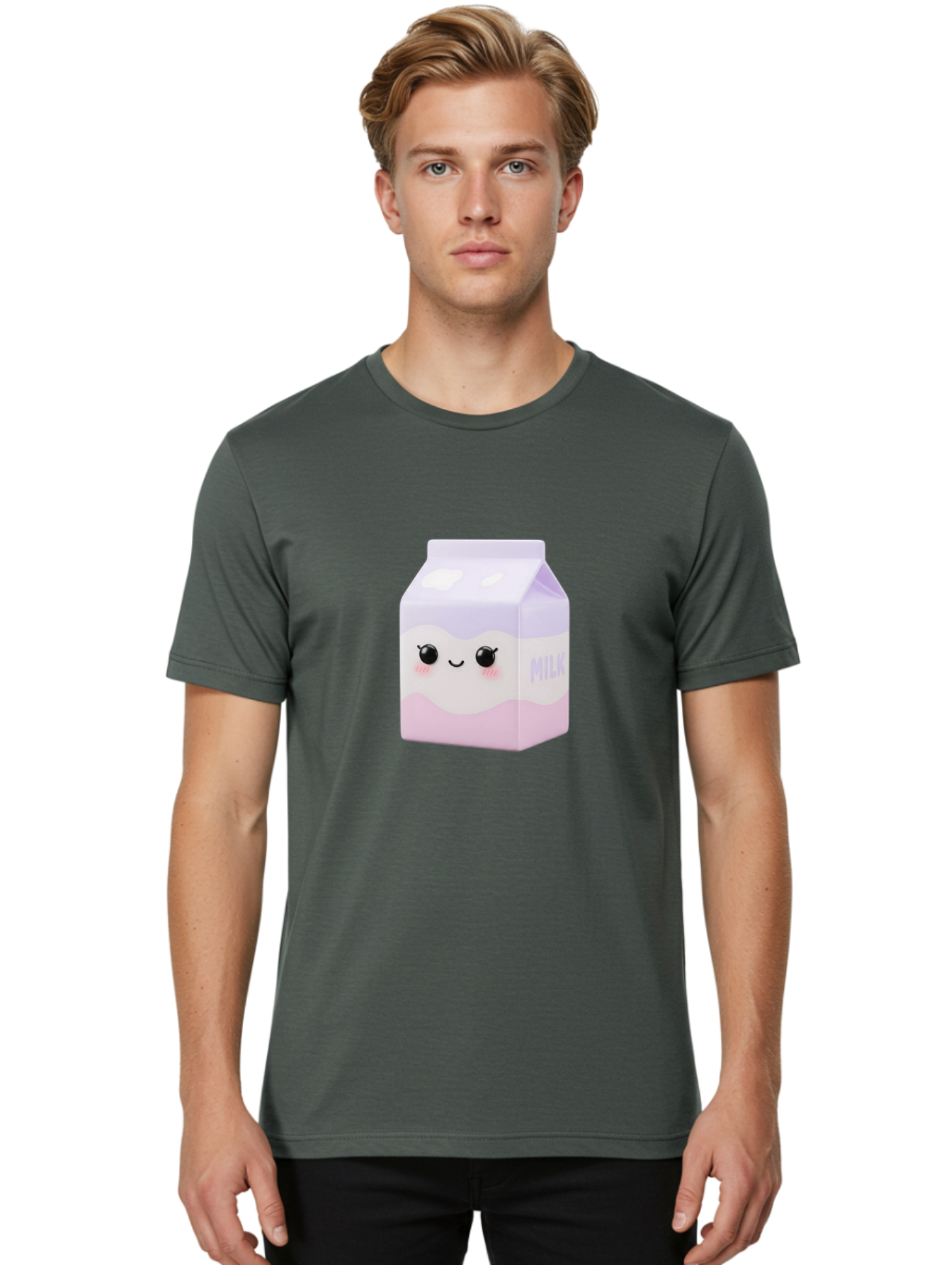 Milk-1 Men'S Graphic Tee, 100% Cotton, Comfortable Casual Summer Wear, Machine Washable, Carton Of Milk, Cute Face, Smiling Eyes, Pink Blush, Kawaii Character, Dairy Product, Funny Illustration, Purple And Pink Colors, Whimsical Design Bae496