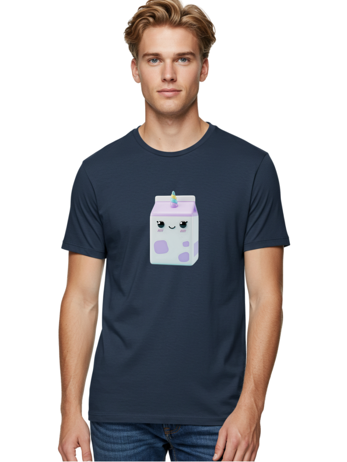 Milk-Carton-1 Men'S Graphic Tee, 100% Cotton, Comfortable Casual Summer Wear, Machine Washable, Milk Carton, Cartoon Character, Unicorn Horn, Purple And White, Cute Design, Funny Face, Kawaii, Playful, Whimsical, Charming, Bae501