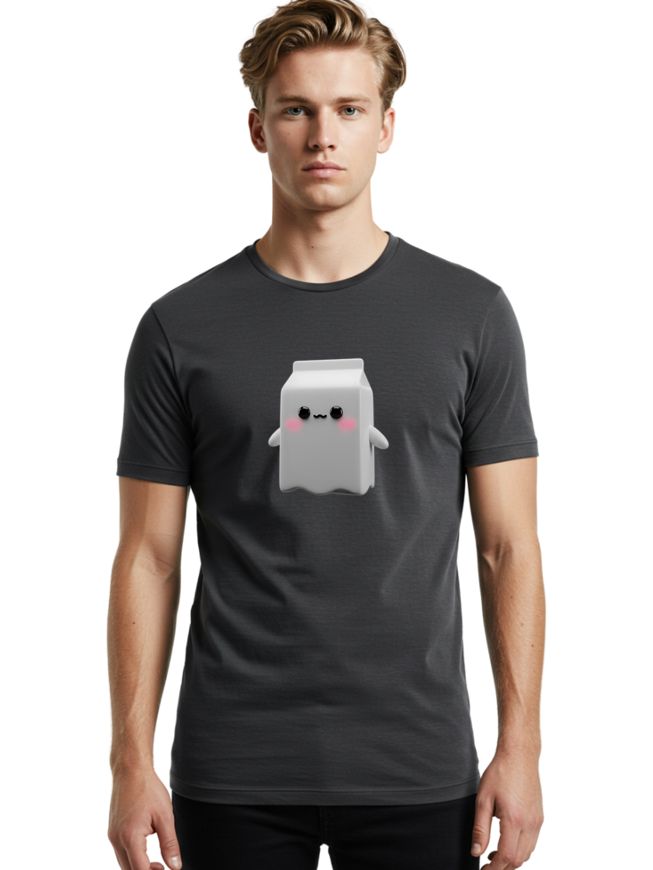 Milk-Carton Men'S Graphic Tee, 100% Cotton, Comfortable Casual Summer Wear, Machine Washable, Cartoon Milk Carton, Kawaii Character, Cute Milk, Adorable Illustration, Pink Blush Cheeks, Squiggly Mouth, 3D Animation, Whimsical Design, Bae503