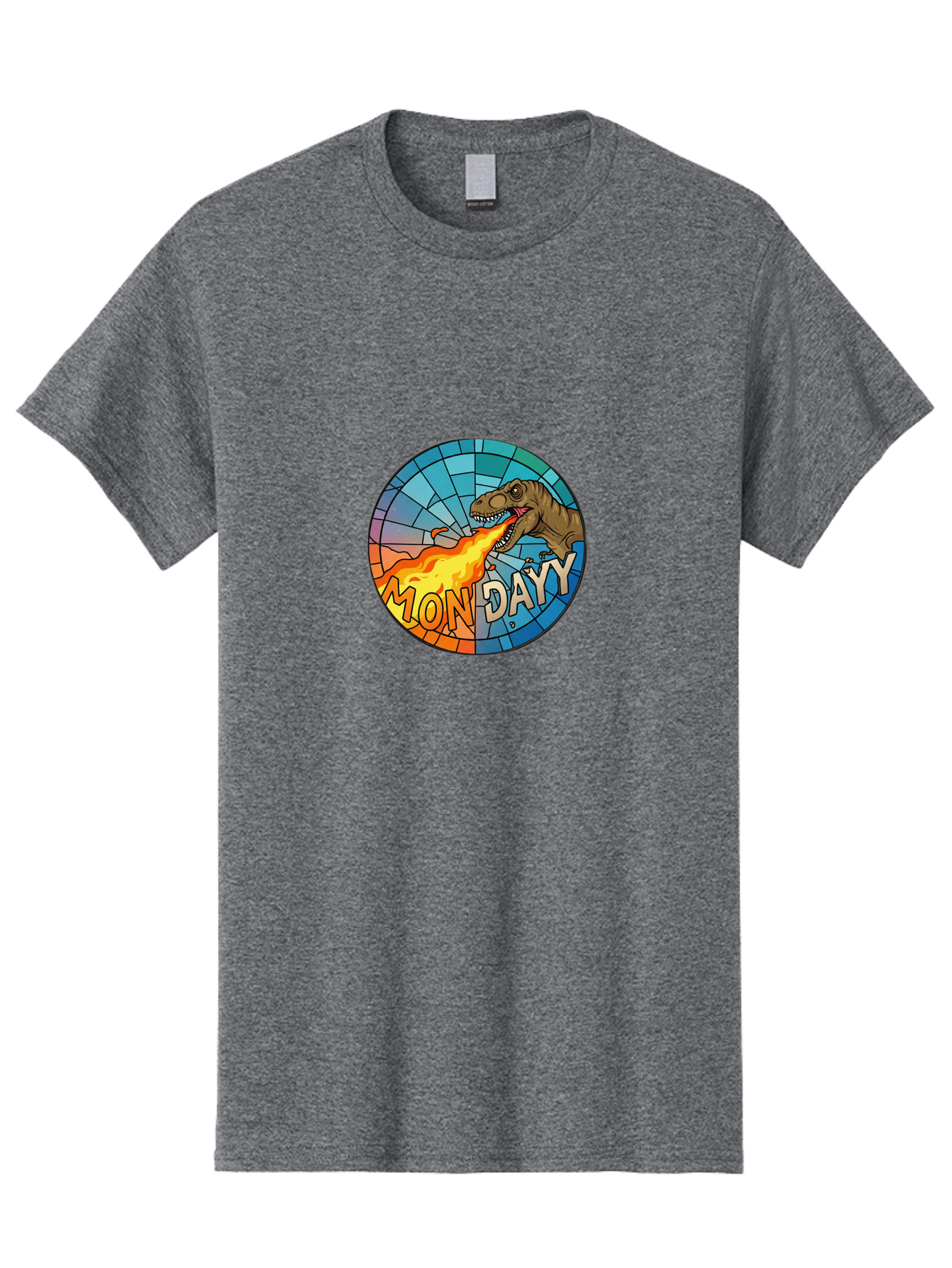 Mon-Dayy Men'S Graphic Tee, 100% Cotton, Comfortable Casual Summer Wear, Machine Washable, Cartoon T-Rex, Stained Glass Art, Fire-Breathing Dinosaur, Monday Motivation, Humorous Graphic, Bold Font, Dinosaur Artwork, Funny T-Rex Bae506