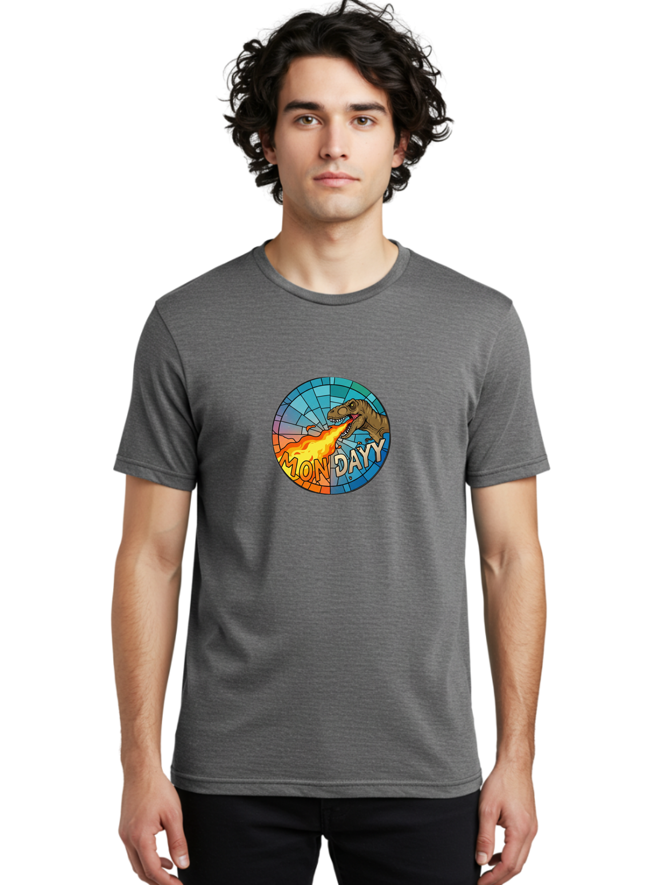 Mon-Dayy Men'S Graphic Tee, 100% Cotton, Comfortable Casual Summer Wear, Machine Washable, Cartoon T-Rex, Stained Glass Art, Fire-Breathing Dinosaur, Monday Motivation, Humorous Graphic, Bold Font, Dinosaur Artwork, Funny T-Rex Bae506