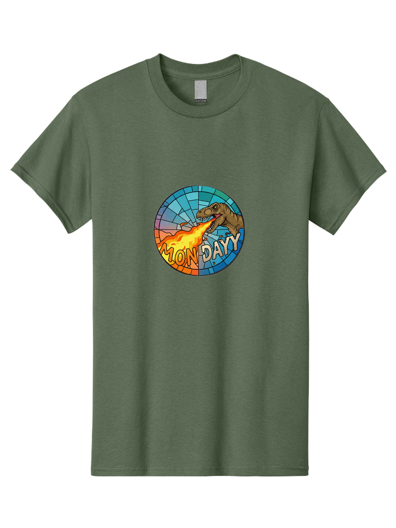 Mon-Dayy Men'S Graphic Tee, 100% Cotton, Comfortable Casual Summer Wear, Machine Washable, Cartoon T-Rex, Stained Glass Art, Fire-Breathing Dinosaur, Monday Motivation, Humorous Graphic, Bold Font, Dinosaur Artwork, Funny T-Rex Bae506