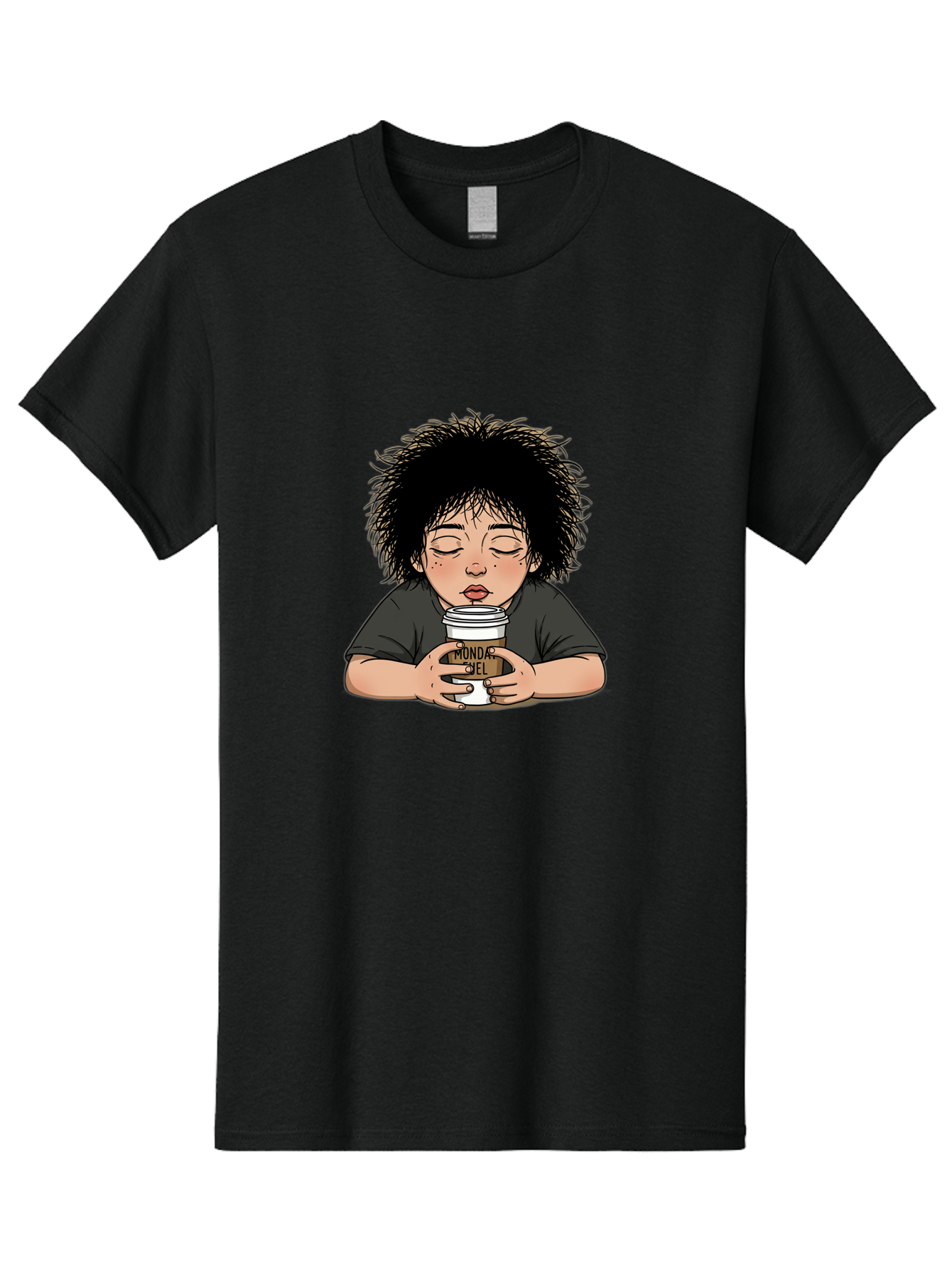 Monda-Ciel-Coffee Men'S Graphic Tee, 100% Cotton, Comfortable Casual Summer Wear, Machine Washable, Cartoon Child Drinking Coffee, Monda Jiel Coffee Cup, Relaxed Atmosphere, Coffee Culture, Morning Ritual, Coffee Lover, Black Coffee Bae507