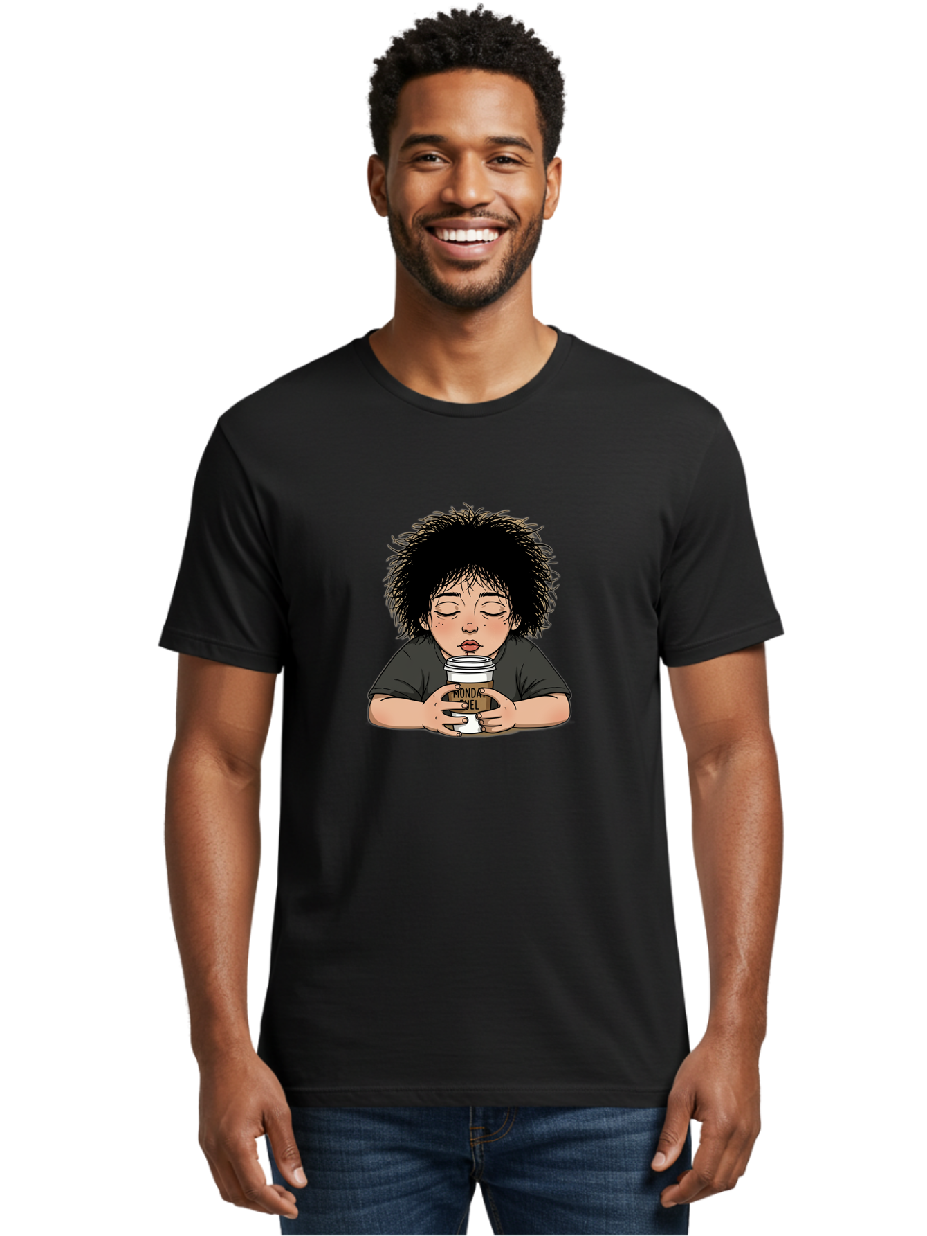 Monda-Ciel-Coffee Men'S Graphic Tee, 100% Cotton, Comfortable Casual Summer Wear, Machine Washable, Cartoon Child Drinking Coffee, Monda Jiel Coffee Cup, Relaxed Atmosphere, Coffee Culture, Morning Ritual, Coffee Lover, Black Coffee Bae507