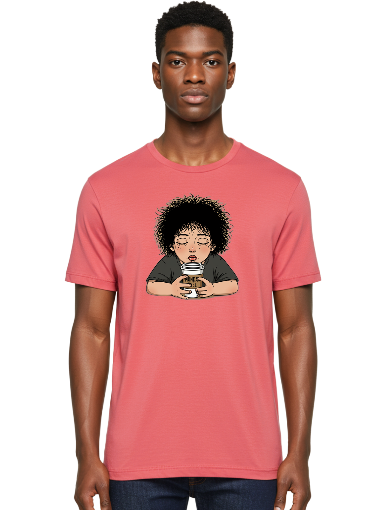 Monda-Ciel-Coffee Men'S Graphic Tee, 100% Cotton, Comfortable Casual Summer Wear, Machine Washable, Cartoon Child Drinking Coffee, Monda Jiel Coffee Cup, Relaxed Atmosphere, Coffee Culture, Morning Ritual, Coffee Lover, Black Coffee Bae507