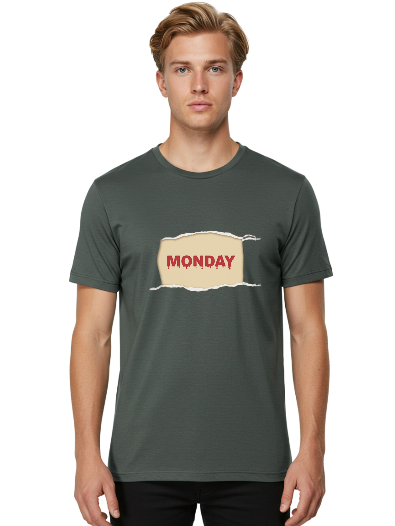 Monday-1 Men'S Graphic Tee, 100% Cotton, Comfortable Casual Summer Wear, Machine Washable, Monday Motivation, Bloody Monday, Torn Paper Effect, Bold Typography, Horror Theme, Dripping Blood, Monday Blues, Workweek Anxiety, Gothic Style Bae508