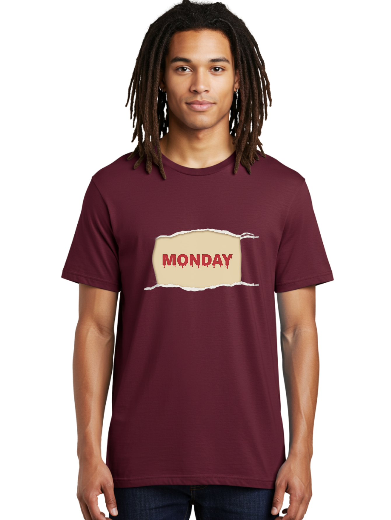 Monday-1 Men'S Graphic Tee, 100% Cotton, Comfortable Casual Summer Wear, Machine Washable, Monday Motivation, Bloody Monday, Torn Paper Effect, Bold Typography, Horror Theme, Dripping Blood, Monday Blues, Workweek Anxiety, Gothic Style Bae508