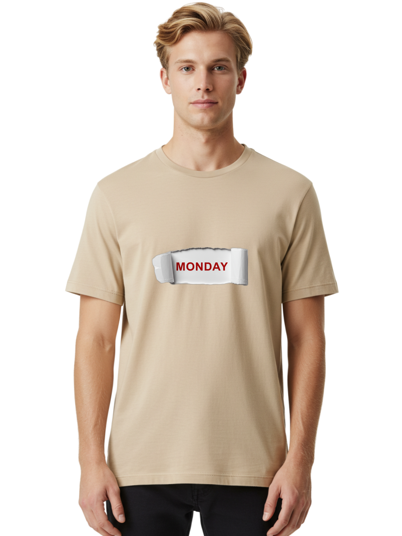 Monday-4 Men'S Graphic Tee, 100% Cotton, Comfortable Casual Summer Wear, Machine Washable, Monday Motivation, Ripped Paper Effect, Red Text, Bold Font, Creative Design, Office Supplies, Workplace Inspiration, Calendar Day, Weekly Reminder Bae511