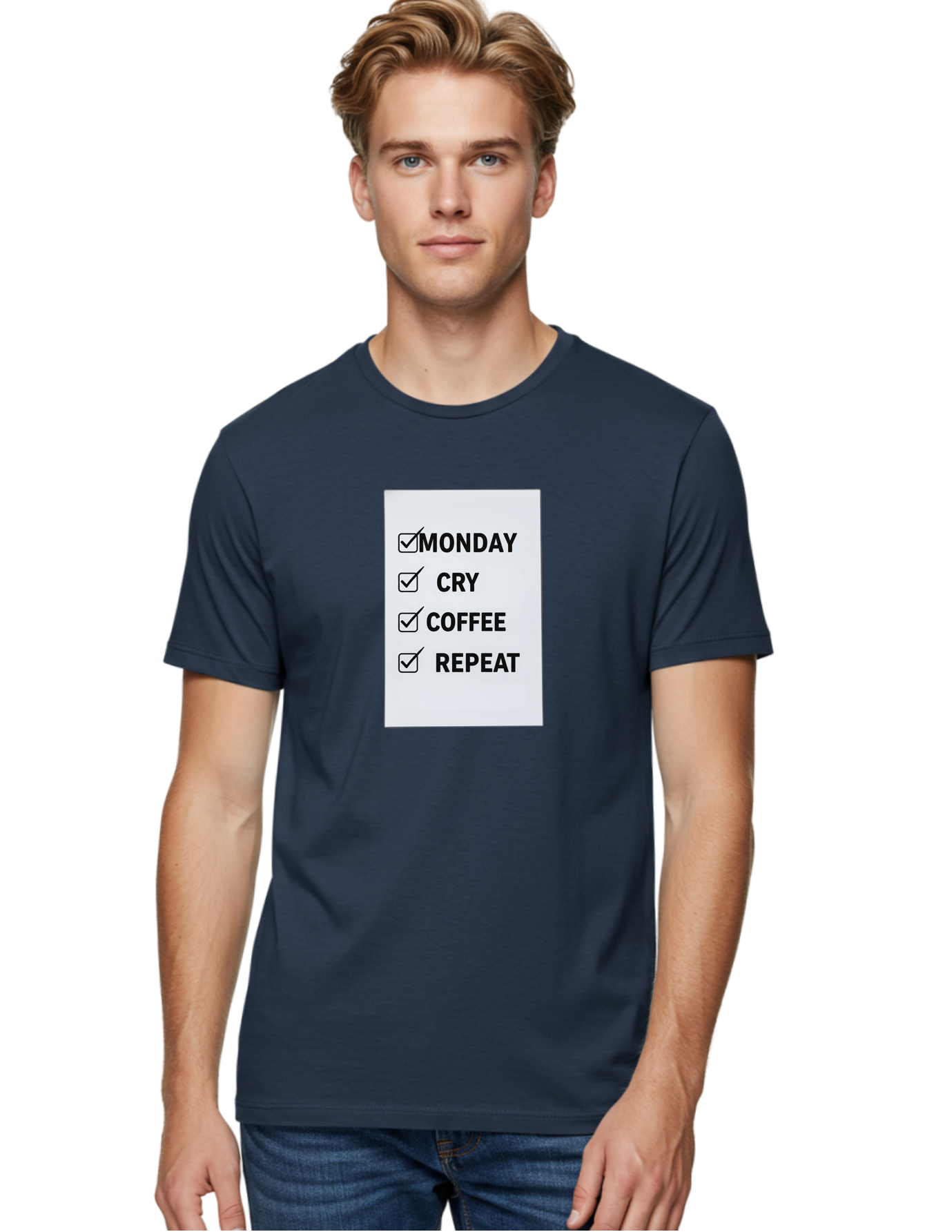 Monday-Cry-Coffee-Repeat-1 Men'S Graphic Tee, 100% Cotton, Comfortable Casual Summer Wear, Machine Washable, Monday Motivation, Funny To-Do List, Coffee Humor, Monday Blues, Office Humor, Work Life Balance, Morning Routine, Coffee Break Bae514