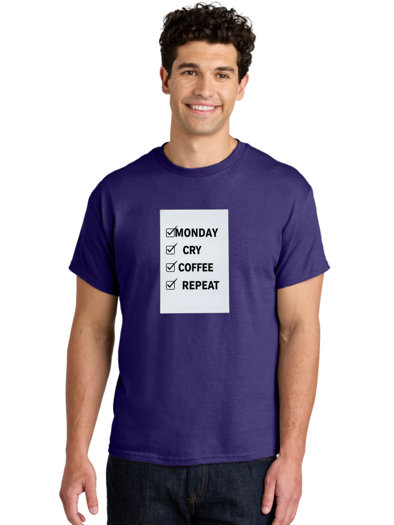 Monday-Cry-Coffee-Repeat-1 Men'S Graphic Tee, 100% Cotton, Comfortable Casual Summer Wear, Machine Washable, Monday Motivation, Funny To-Do List, Coffee Humor, Monday Blues, Office Humor, Work Life Balance, Morning Routine, Coffee Break Bae514