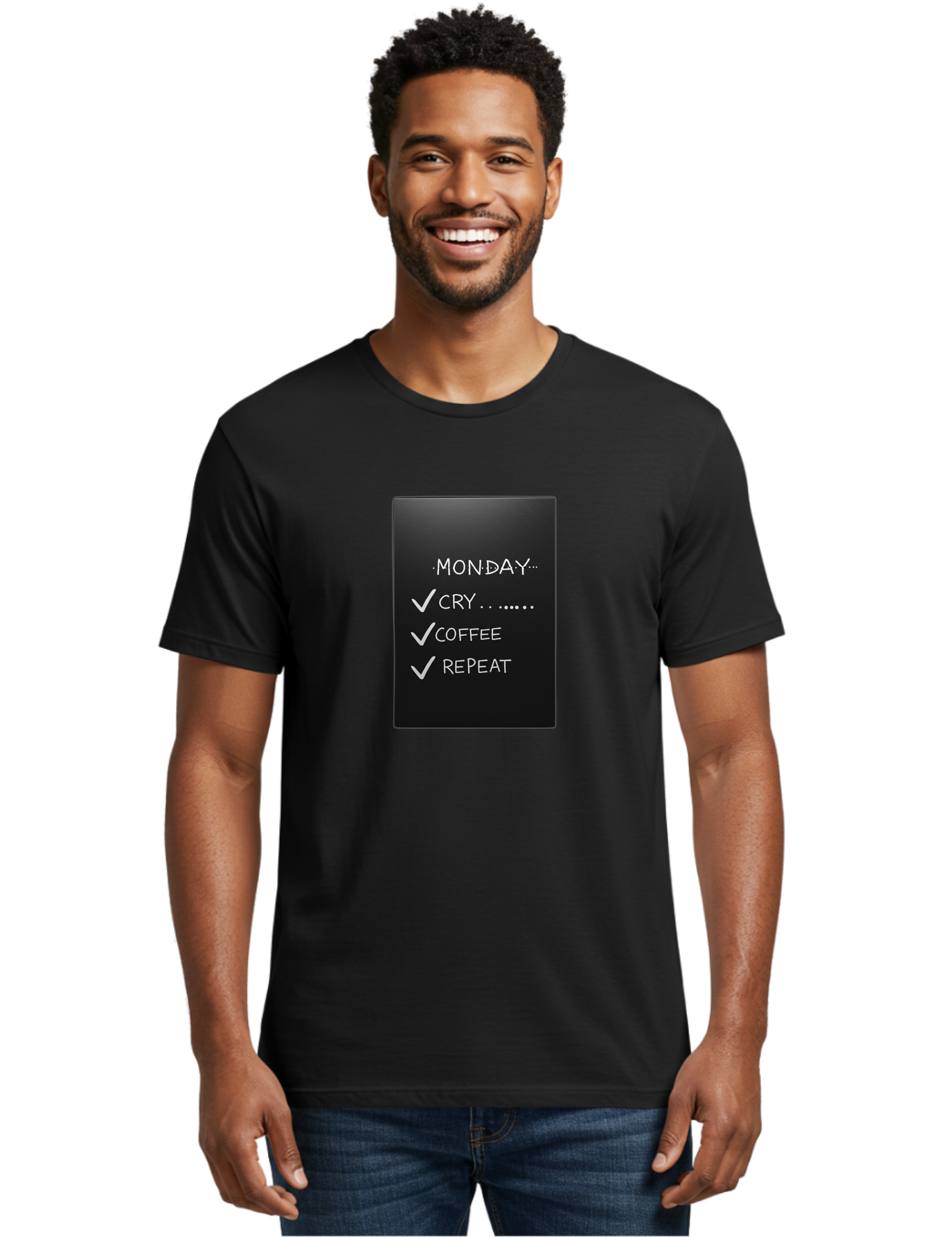 Monday-Cry-Coffee-Repeat-2 Men'S Graphic Tee, 100% Cotton, Comfortable Casual Summer Wear, Machine Washable, Humorous Quote, Monday Motivation, Funny Memes, Coffee Lover, Monday Blues, Motivational Quotes, Relatable Humor Bae515