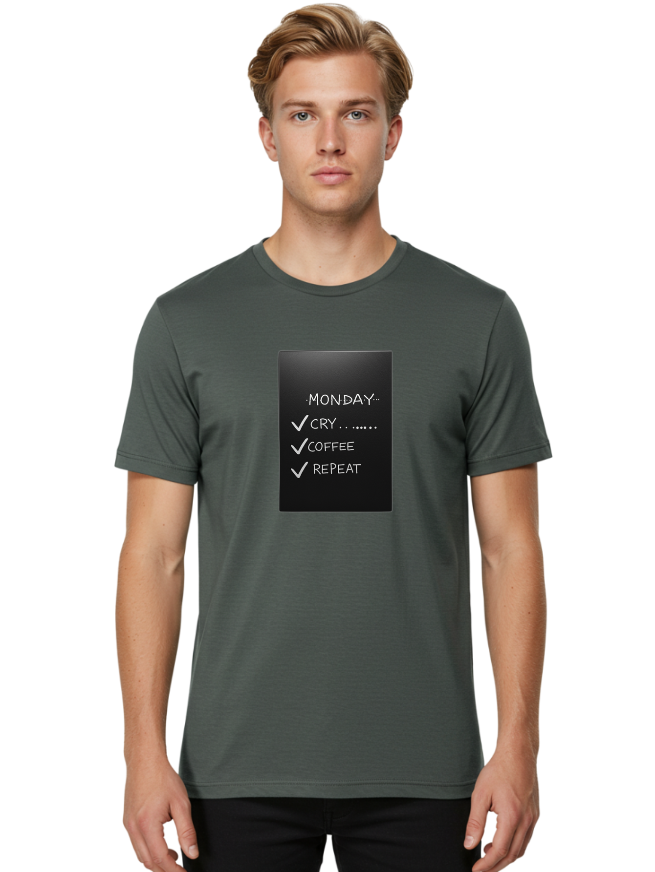 Monday-Cry-Coffee-Repeat-2 Men'S Graphic Tee, 100% Cotton, Comfortable Casual Summer Wear, Machine Washable, Humorous Quote, Monday Motivation, Funny Memes, Coffee Lover, Monday Blues, Motivational Quotes, Relatable Humor Bae515