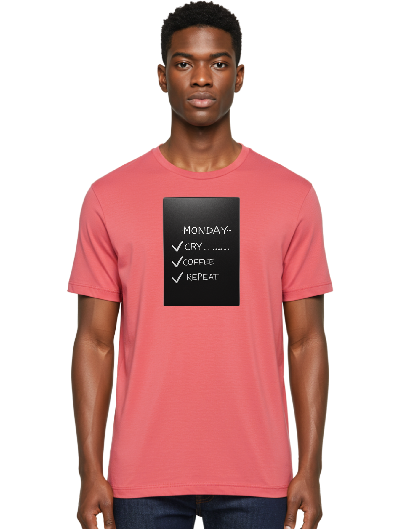 Monday-Cry-Coffee-Repeat-2 Men'S Graphic Tee, 100% Cotton, Comfortable Casual Summer Wear, Machine Washable, Humorous Quote, Monday Motivation, Funny Memes, Coffee Lover, Monday Blues, Motivational Quotes, Relatable Humor Bae515