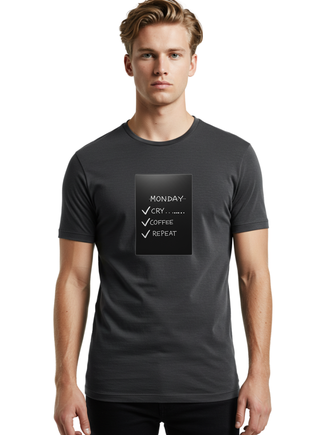 Monday-Cry-Coffee-Repeat-2 Men'S Graphic Tee, 100% Cotton, Comfortable Casual Summer Wear, Machine Washable, Humorous Quote, Monday Motivation, Funny Memes, Coffee Lover, Monday Blues, Motivational Quotes, Relatable Humor Bae515
