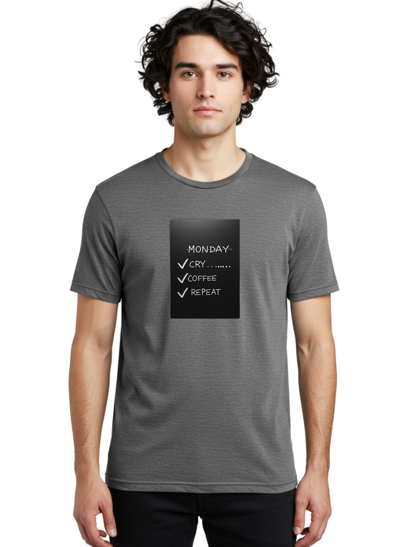 Monday-Cry-Coffee-Repeat-2 Men'S Graphic Tee, 100% Cotton, Comfortable Casual Summer Wear, Machine Washable, Humorous Quote, Monday Motivation, Funny Memes, Coffee Lover, Monday Blues, Motivational Quotes, Relatable Humor Bae515