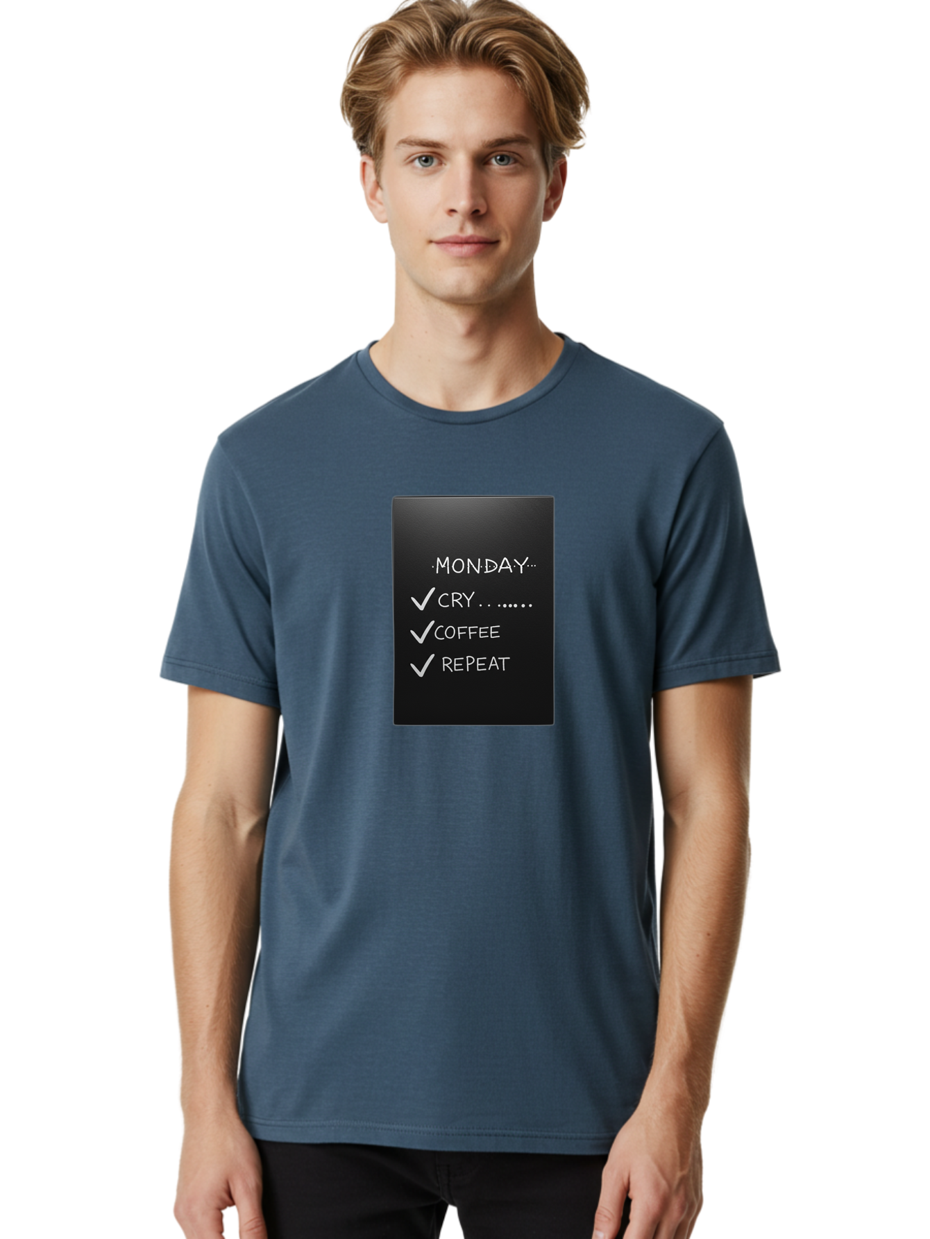Monday-Cry-Coffee-Repeat-2 Men'S Graphic Tee, 100% Cotton, Comfortable Casual Summer Wear, Machine Washable, Humorous Quote, Monday Motivation, Funny Memes, Coffee Lover, Monday Blues, Motivational Quotes, Relatable Humor Bae515