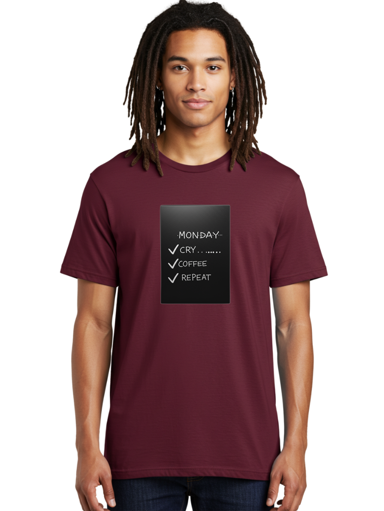 Monday-Cry-Coffee-Repeat-2 Men'S Graphic Tee, 100% Cotton, Comfortable Casual Summer Wear, Machine Washable, Humorous Quote, Monday Motivation, Funny Memes, Coffee Lover, Monday Blues, Motivational Quotes, Relatable Humor Bae515