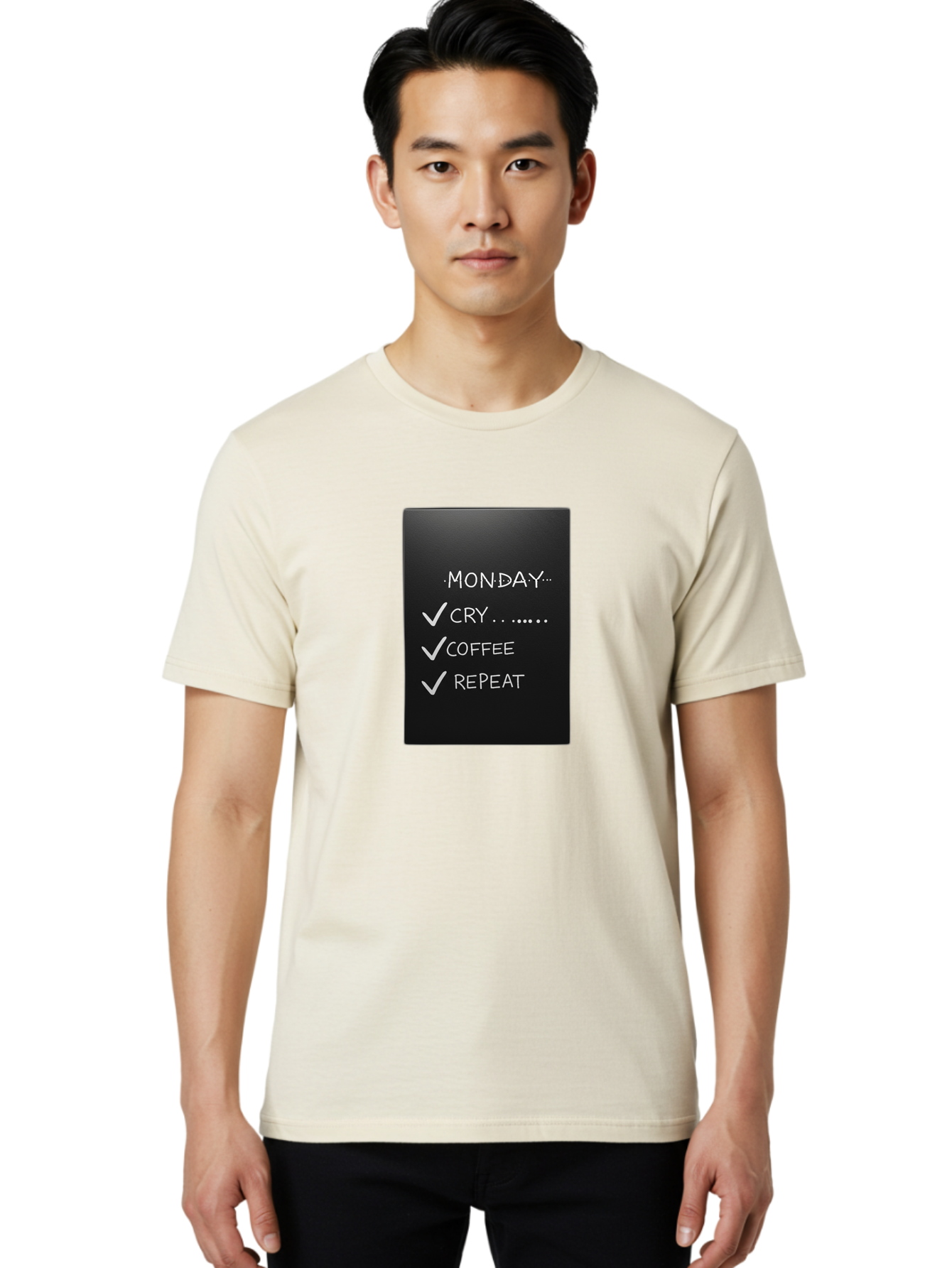 Monday-Cry-Coffee-Repeat-2 Men'S Graphic Tee, 100% Cotton, Comfortable Casual Summer Wear, Machine Washable, Humorous Quote, Monday Motivation, Funny Memes, Coffee Lover, Monday Blues, Motivational Quotes, Relatable Humor Bae515