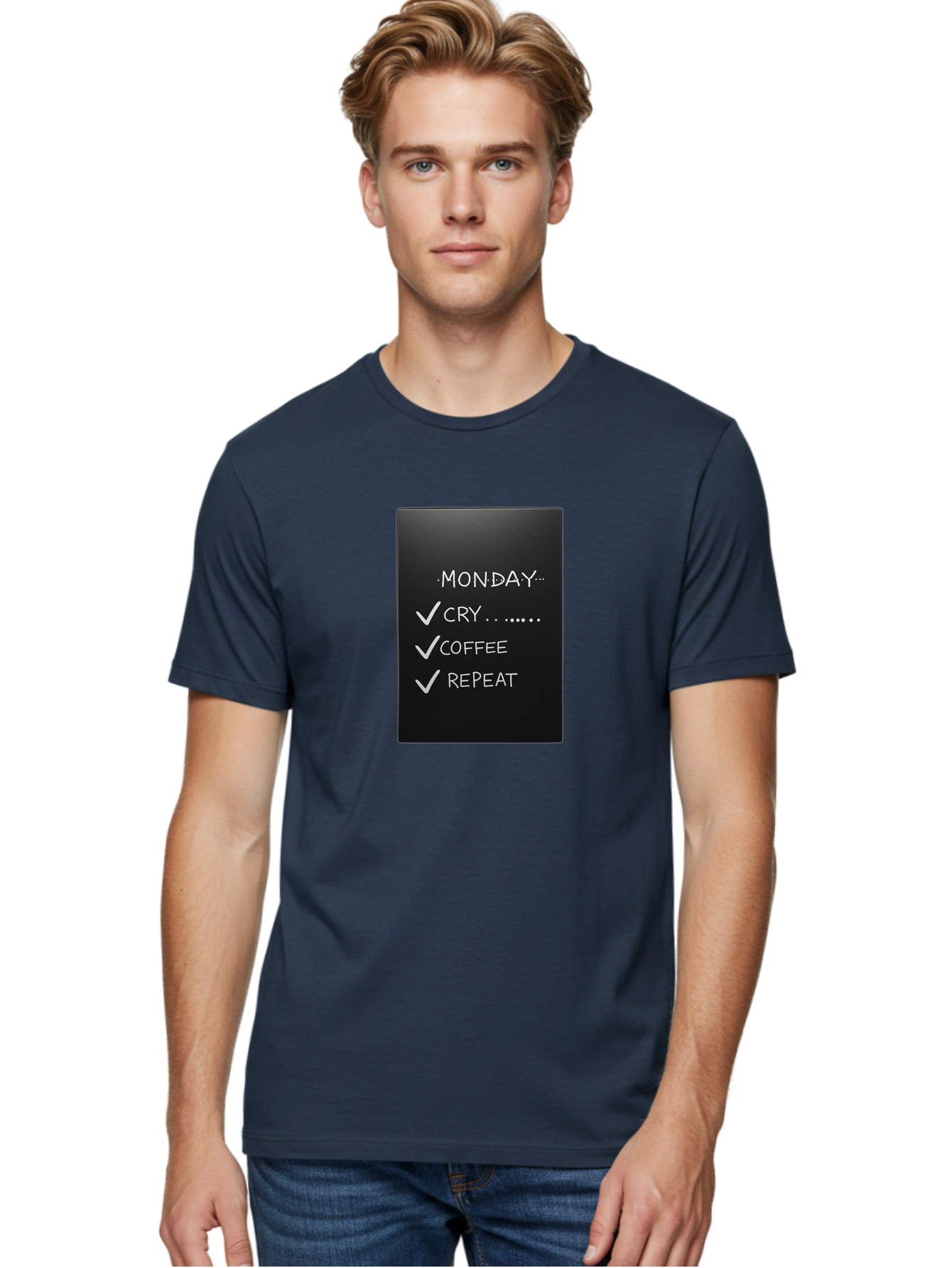 Monday-Cry-Coffee-Repeat-2 Men'S Graphic Tee, 100% Cotton, Comfortable Casual Summer Wear, Machine Washable, Humorous Quote, Monday Motivation, Funny Memes, Coffee Lover, Monday Blues, Motivational Quotes, Relatable Humor Bae515