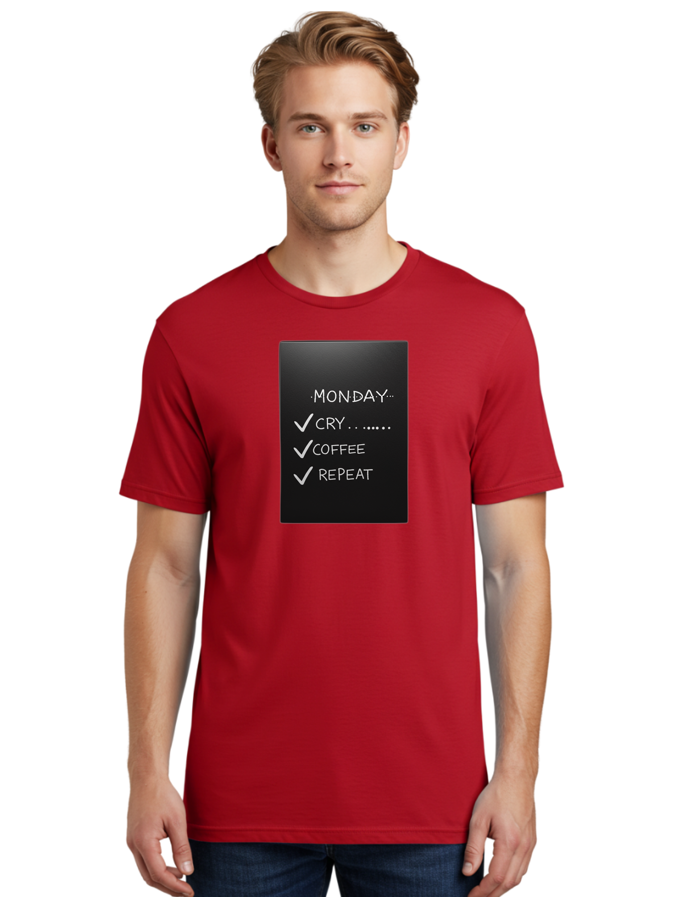 Monday-Cry-Coffee-Repeat-2 Men'S Graphic Tee, 100% Cotton, Comfortable Casual Summer Wear, Machine Washable, Humorous Quote, Monday Motivation, Funny Memes, Coffee Lover, Monday Blues, Motivational Quotes, Relatable Humor Bae515