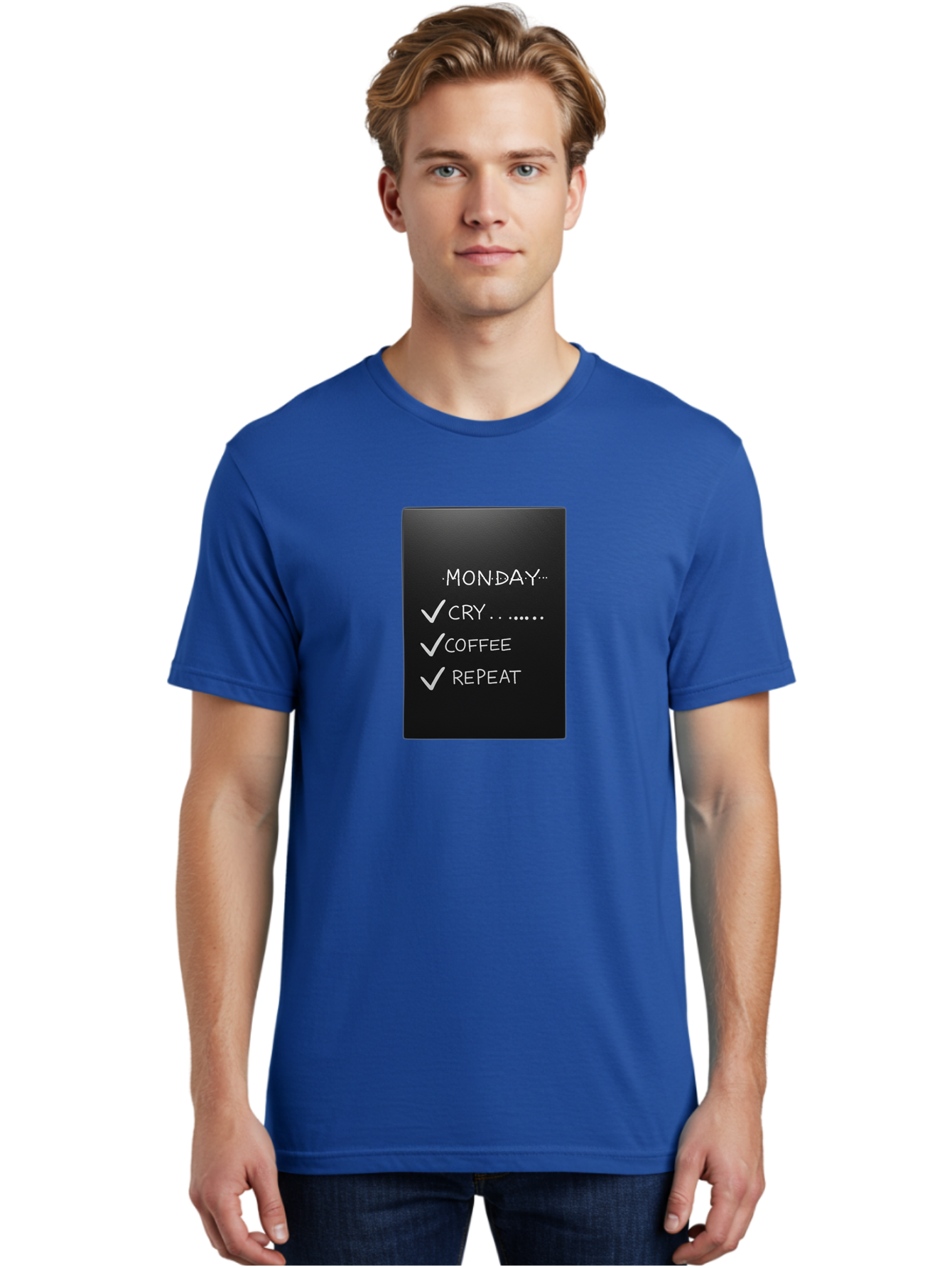 Monday-Cry-Coffee-Repeat-2 Men'S Graphic Tee, 100% Cotton, Comfortable Casual Summer Wear, Machine Washable, Humorous Quote, Monday Motivation, Funny Memes, Coffee Lover, Monday Blues, Motivational Quotes, Relatable Humor Bae515