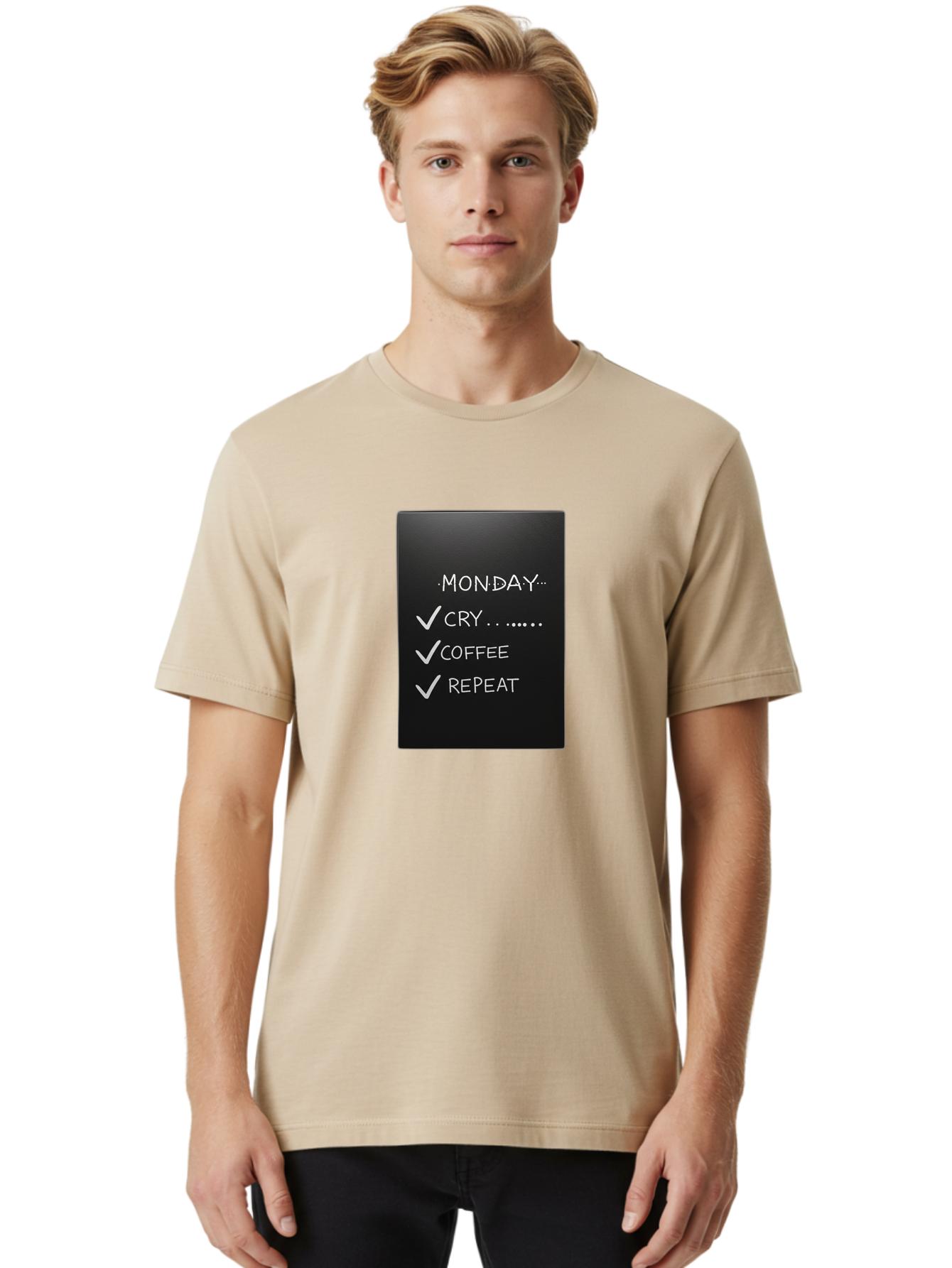 Monday-Cry-Coffee-Repeat-2 Men'S Graphic Tee, 100% Cotton, Comfortable Casual Summer Wear, Machine Washable, Humorous Quote, Monday Motivation, Funny Memes, Coffee Lover, Monday Blues, Motivational Quotes, Relatable Humor Bae515