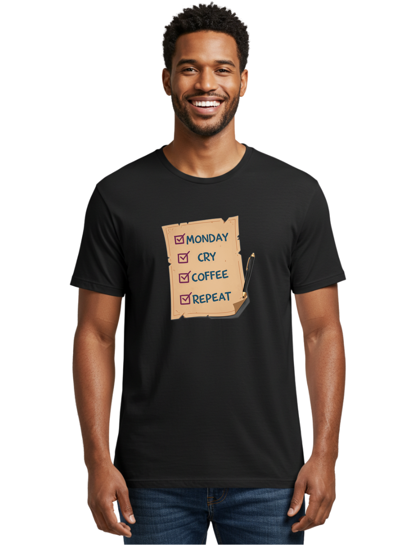 Monday-Cry-Coffee-Repeat-3 Men'S Graphic Tee, 100% Cotton, Comfortable Casual Summer Wear, Machine Washable, Humorous To-Do List, Monday Motivation, Coffee Humor, Funny Office Quotes, Relatable Workspace, Quirky Stationery, Bae516