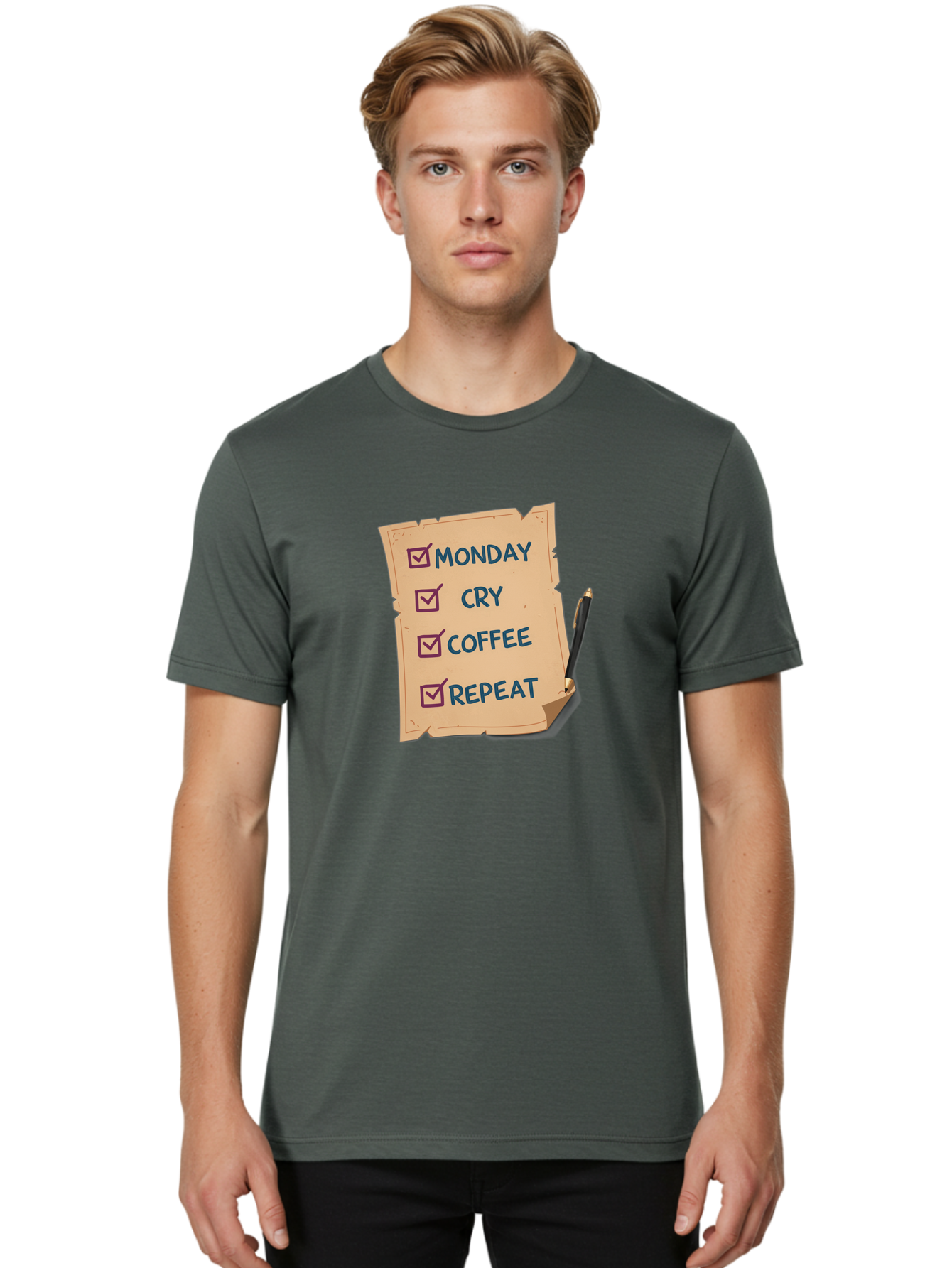 Monday-Cry-Coffee-Repeat-3 Men'S Graphic Tee, 100% Cotton, Comfortable Casual Summer Wear, Machine Washable, Humorous To-Do List, Monday Motivation, Coffee Humor, Funny Office Quotes, Relatable Workspace, Quirky Stationery, Bae516