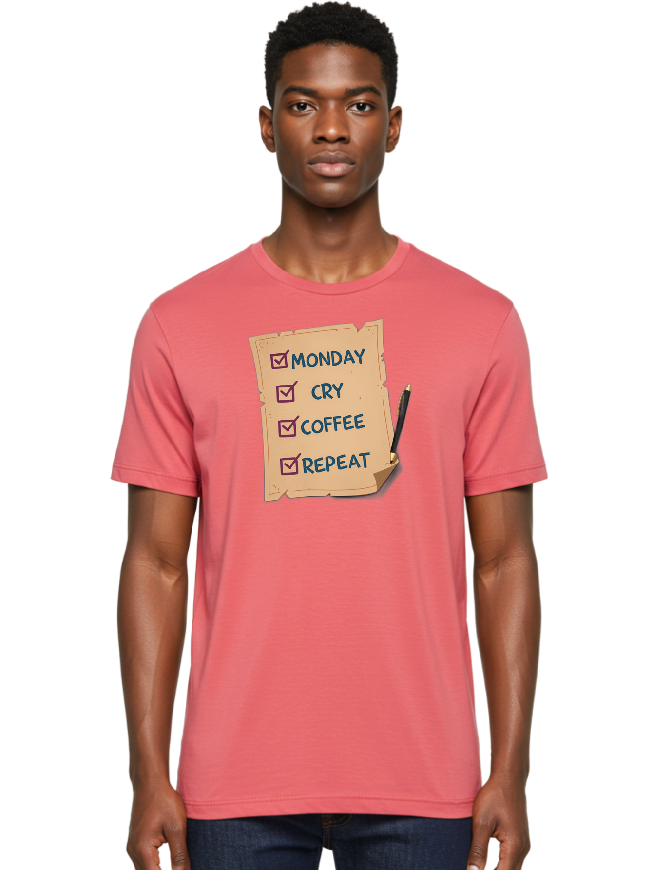 Monday-Cry-Coffee-Repeat-3 Men'S Graphic Tee, 100% Cotton, Comfortable Casual Summer Wear, Machine Washable, Humorous To-Do List, Monday Motivation, Coffee Humor, Funny Office Quotes, Relatable Workspace, Quirky Stationery, Bae516