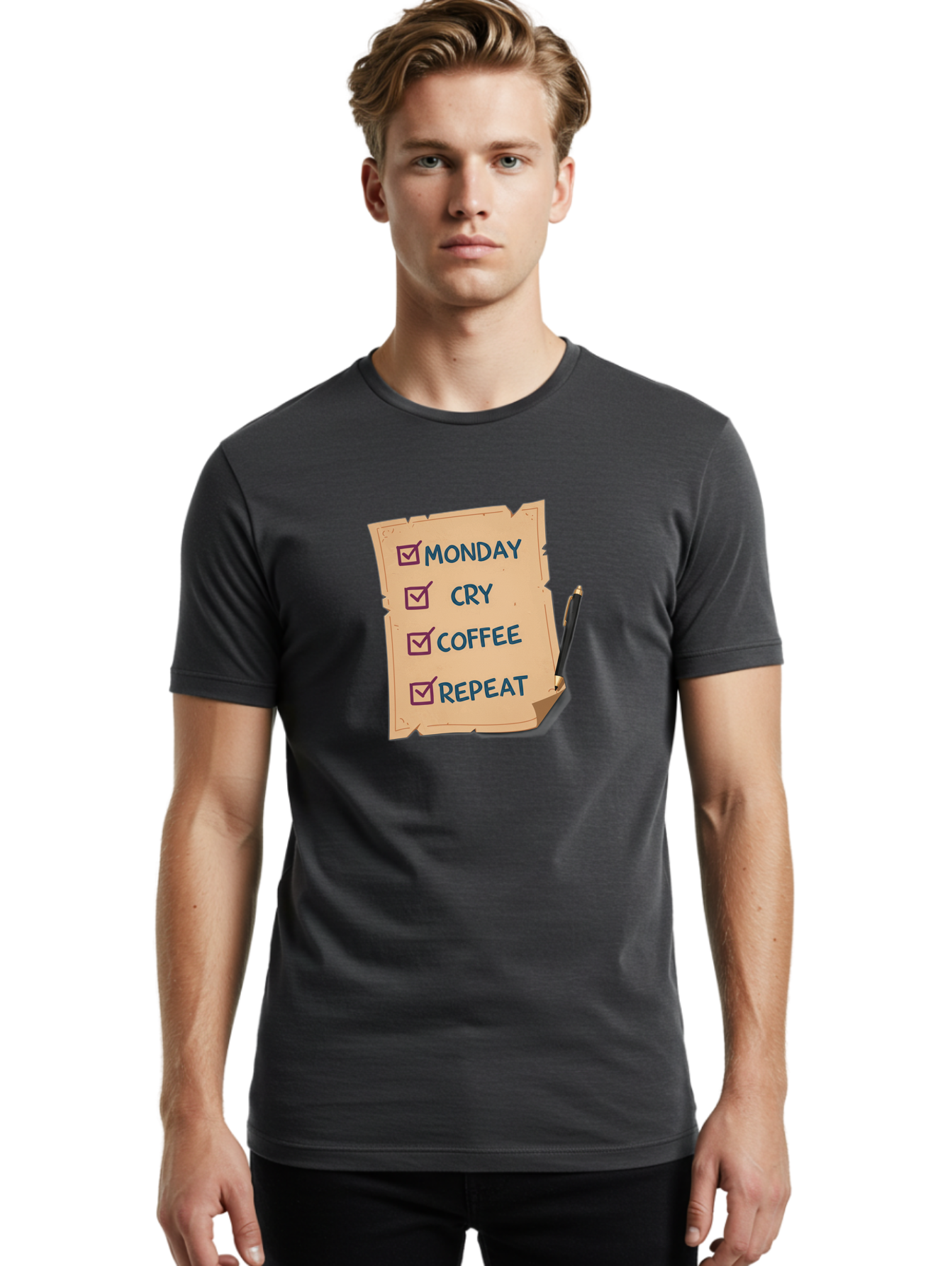 Monday-Cry-Coffee-Repeat-3 Men'S Graphic Tee, 100% Cotton, Comfortable Casual Summer Wear, Machine Washable, Humorous To-Do List, Monday Motivation, Coffee Humor, Funny Office Quotes, Relatable Workspace, Quirky Stationery, Bae516