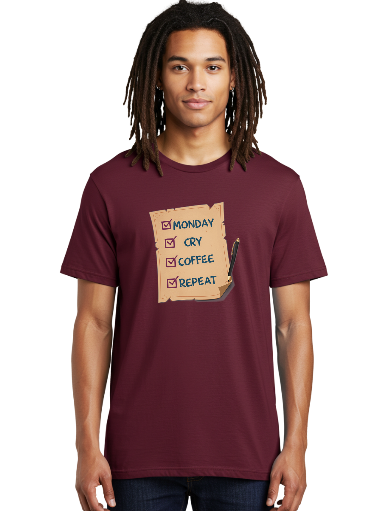 Monday-Cry-Coffee-Repeat-3 Men'S Graphic Tee, 100% Cotton, Comfortable Casual Summer Wear, Machine Washable, Humorous To-Do List, Monday Motivation, Coffee Humor, Funny Office Quotes, Relatable Workspace, Quirky Stationery, Bae516