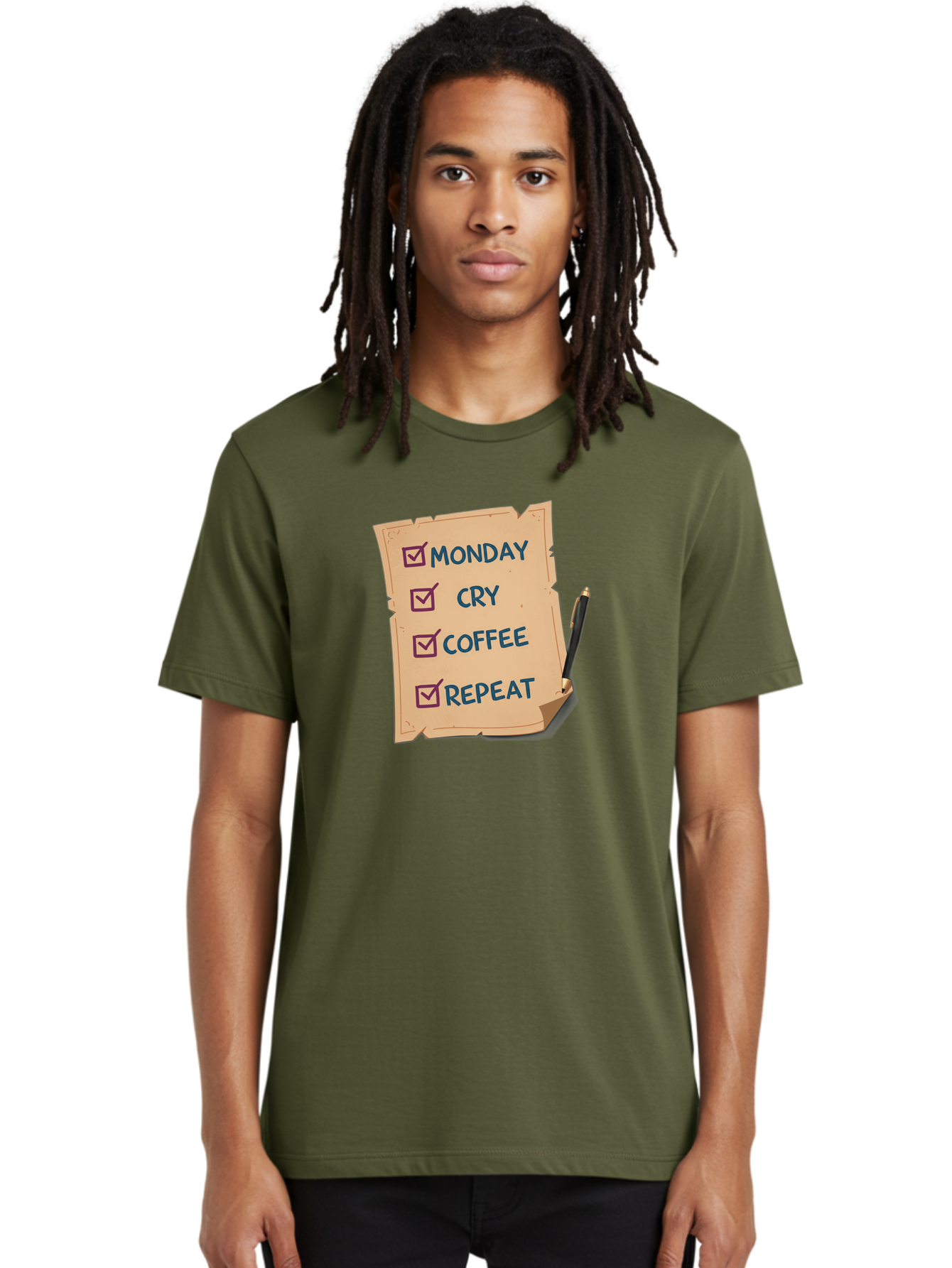 Monday-Cry-Coffee-Repeat-3 Men'S Graphic Tee, 100% Cotton, Comfortable Casual Summer Wear, Machine Washable, Humorous To-Do List, Monday Motivation, Coffee Humor, Funny Office Quotes, Relatable Workspace, Quirky Stationery, Bae516