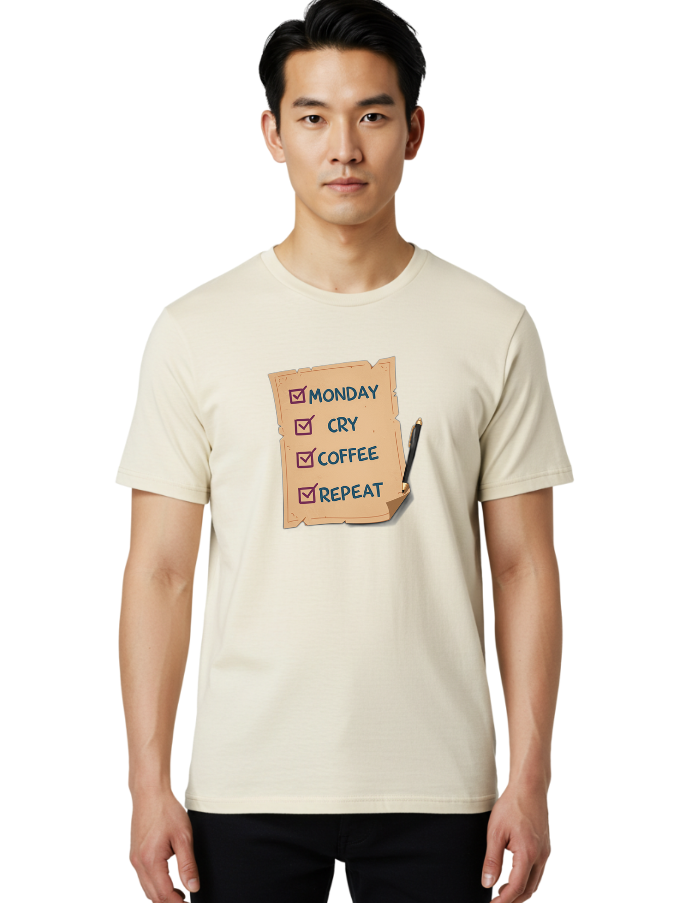 Monday-Cry-Coffee-Repeat-3 Men'S Graphic Tee, 100% Cotton, Comfortable Casual Summer Wear, Machine Washable, Humorous To-Do List, Monday Motivation, Coffee Humor, Funny Office Quotes, Relatable Workspace, Quirky Stationery, Bae516