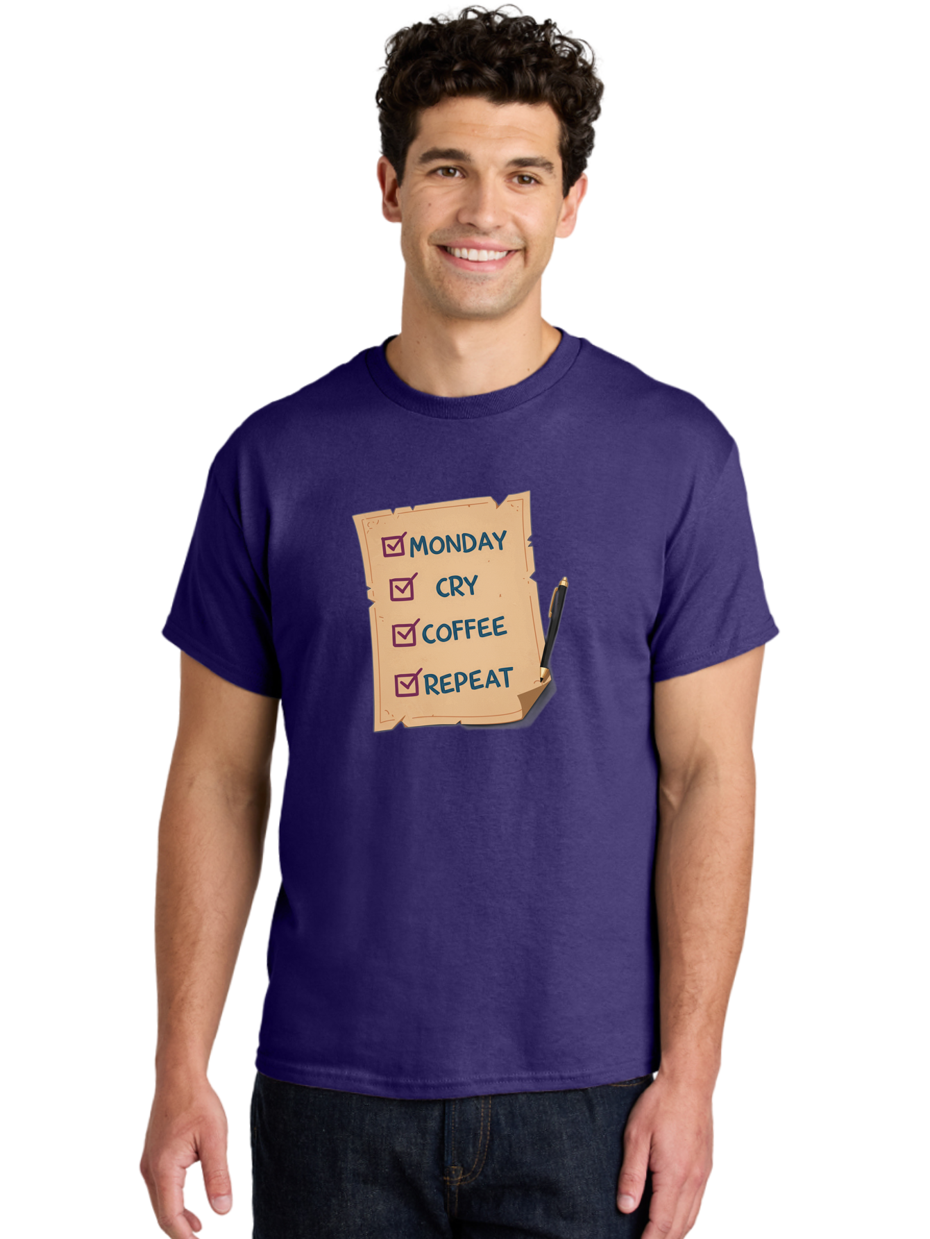 Monday-Cry-Coffee-Repeat-3 Men'S Graphic Tee, 100% Cotton, Comfortable Casual Summer Wear, Machine Washable, Humorous To-Do List, Monday Motivation, Coffee Humor, Funny Office Quotes, Relatable Workspace, Quirky Stationery, Bae516