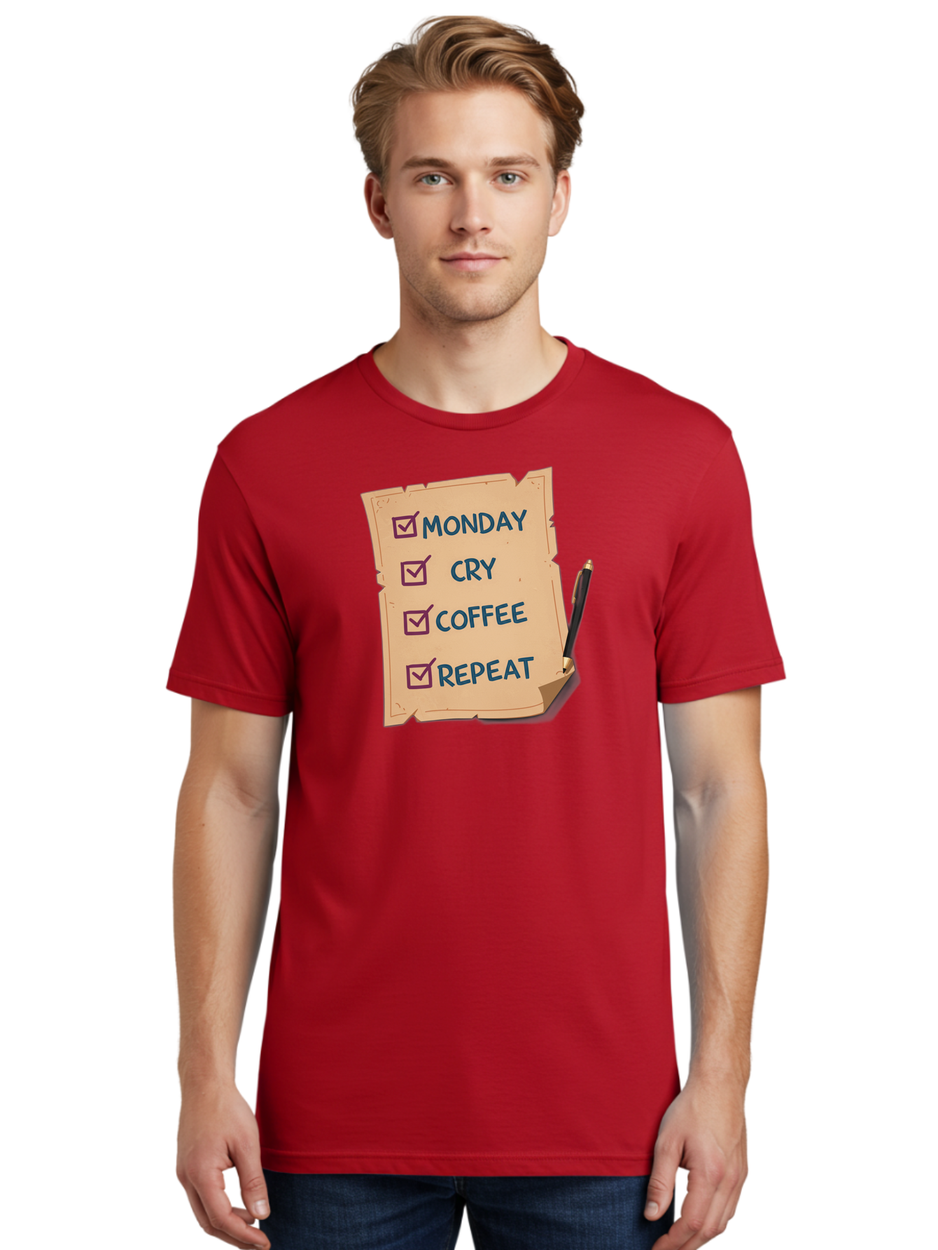 Monday-Cry-Coffee-Repeat-3 Men'S Graphic Tee, 100% Cotton, Comfortable Casual Summer Wear, Machine Washable, Humorous To-Do List, Monday Motivation, Coffee Humor, Funny Office Quotes, Relatable Workspace, Quirky Stationery, Bae516