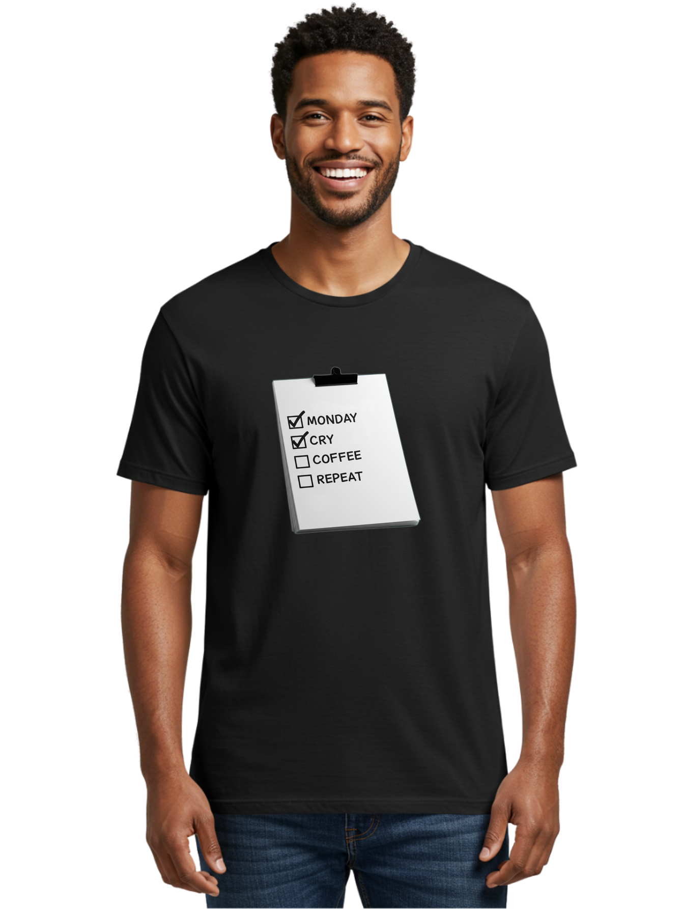 Monday-Cry-Coffee-Repeat Men'S Graphic Tee, 100% Cotton, Comfortable Casual Summer Wear, Machine Washable, To-Do List, Monday Blues, Cry, Coffee Break, Repeat Cycle, Humor, Relatable, Checklist, Productivity, Morning Routine, Motivation Bae517