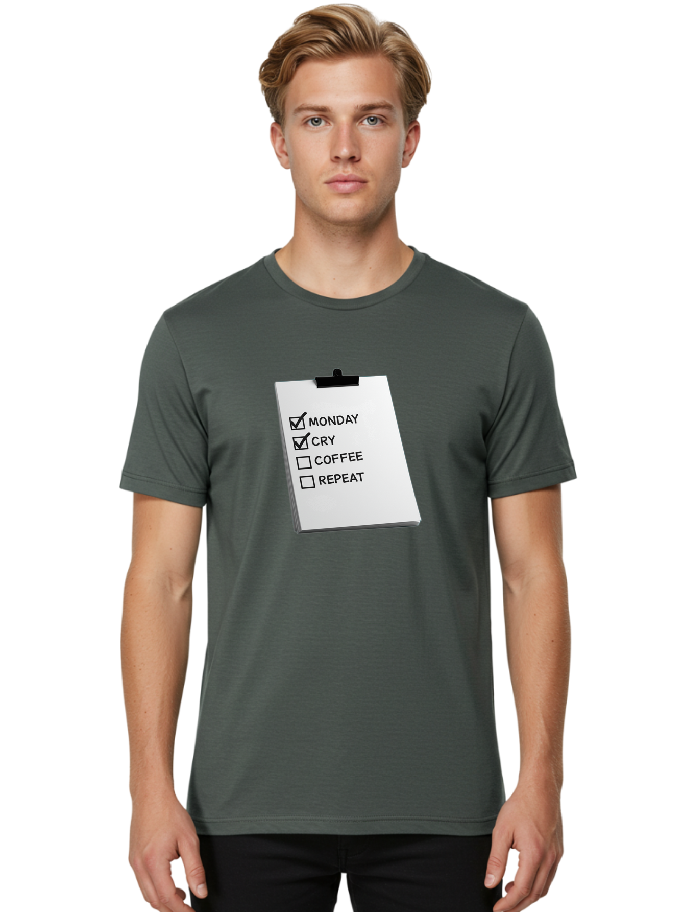 Monday-Cry-Coffee-Repeat Men'S Graphic Tee, 100% Cotton, Comfortable Casual Summer Wear, Machine Washable, To-Do List, Monday Blues, Cry, Coffee Break, Repeat Cycle, Humor, Relatable, Checklist, Productivity, Morning Routine, Motivation Bae517