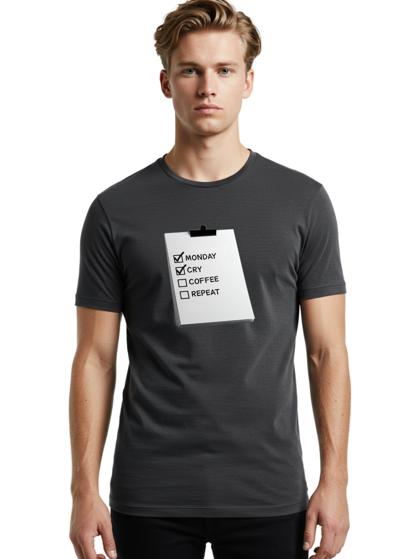 Monday-Cry-Coffee-Repeat Men'S Graphic Tee, 100% Cotton, Comfortable Casual Summer Wear, Machine Washable, To-Do List, Monday Blues, Cry, Coffee Break, Repeat Cycle, Humor, Relatable, Checklist, Productivity, Morning Routine, Motivation Bae517