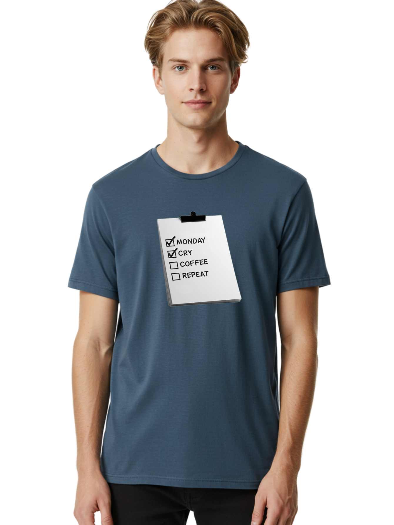 Monday-Cry-Coffee-Repeat Men'S Graphic Tee, 100% Cotton, Comfortable Casual Summer Wear, Machine Washable, To-Do List, Monday Blues, Cry, Coffee Break, Repeat Cycle, Humor, Relatable, Checklist, Productivity, Morning Routine, Motivation Bae517