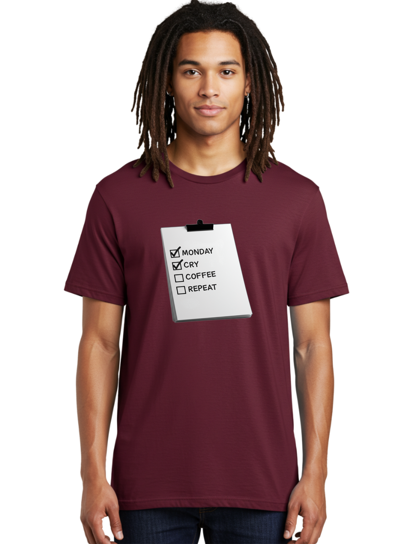 Monday-Cry-Coffee-Repeat Men'S Graphic Tee, 100% Cotton, Comfortable Casual Summer Wear, Machine Washable, To-Do List, Monday Blues, Cry, Coffee Break, Repeat Cycle, Humor, Relatable, Checklist, Productivity, Morning Routine, Motivation Bae517