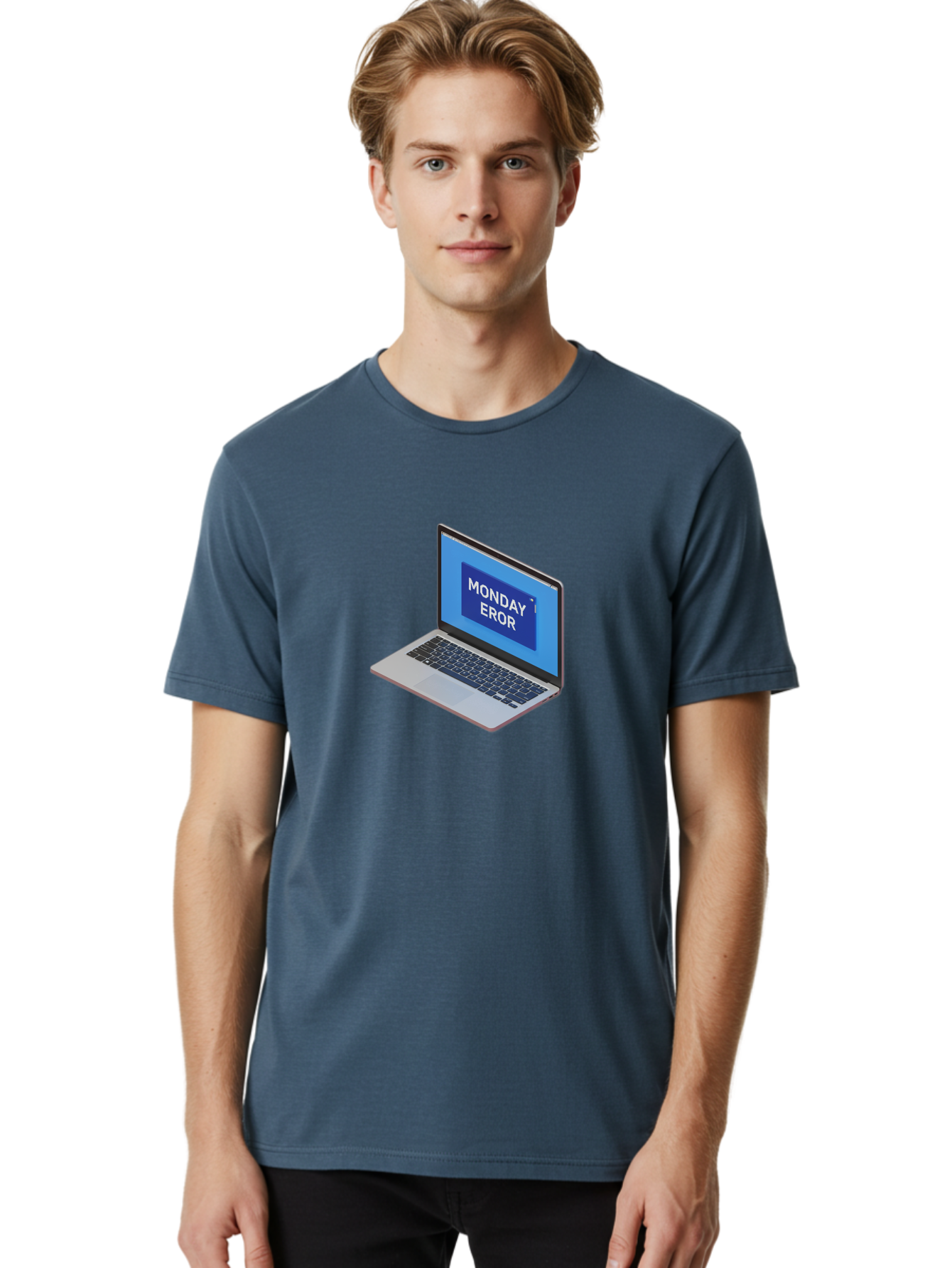 Monday-Eror Men'S Graphic Tee, 100% Cotton, Comfortable Casual Summer Wear, Machine Washable, Laptop Screen Displaying Monday Eror, Error Message, System Failure, Humorously Misspelled, Blue Screen, White Text, Cartoonish Style, Tech Glitch Bae518