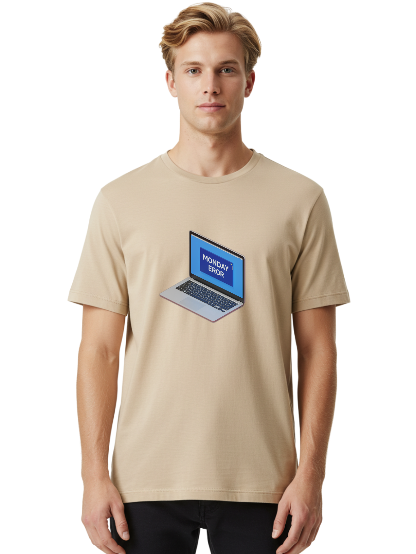 Monday-Eror Men'S Graphic Tee, 100% Cotton, Comfortable Casual Summer Wear, Machine Washable, Laptop Screen Displaying Monday Eror, Error Message, System Failure, Humorously Misspelled, Blue Screen, White Text, Cartoonish Style, Tech Glitch Bae518
