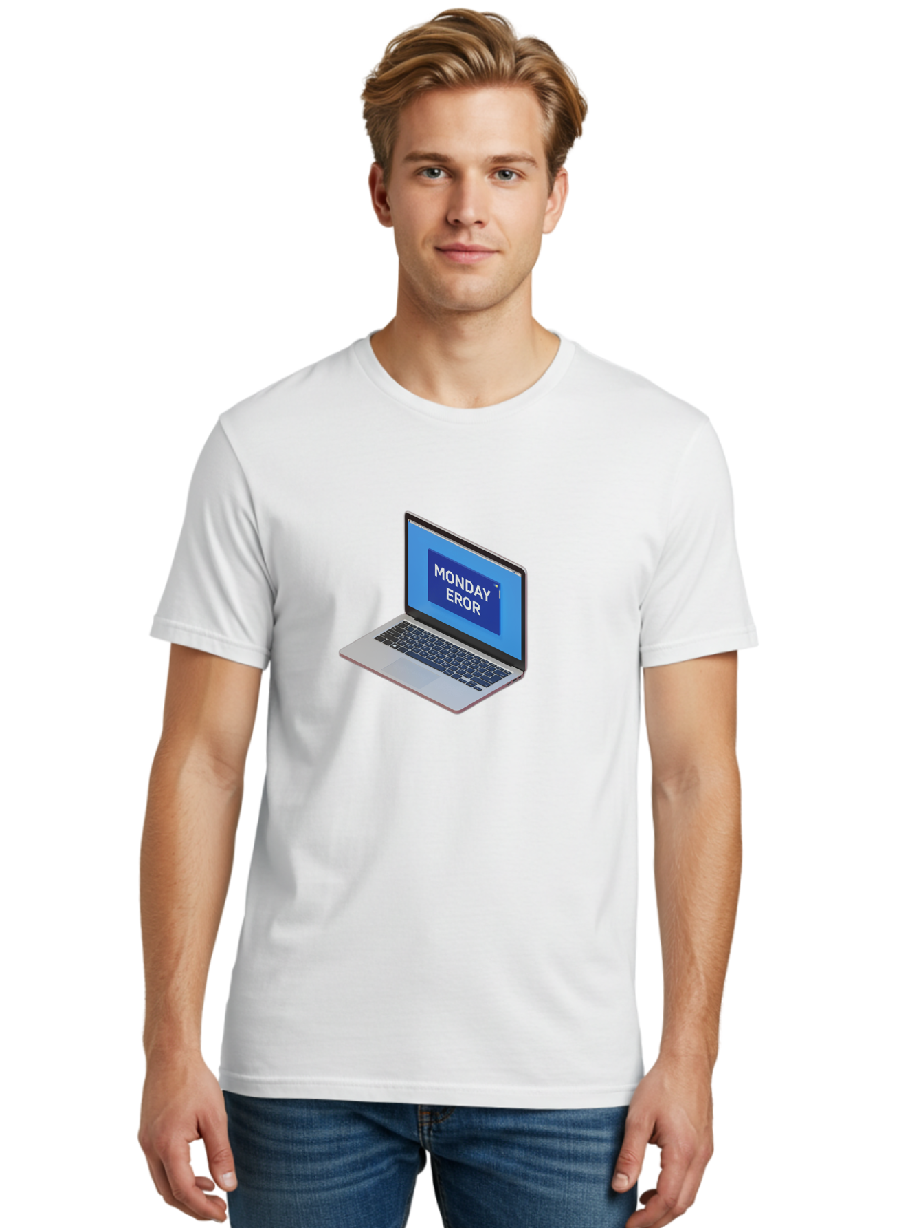 Monday-Eror Men'S Graphic Tee, 100% Cotton, Comfortable Casual Summer Wear, Machine Washable, Laptop Screen Displaying Monday Eror, Error Message, System Failure, Humorously Misspelled, Blue Screen, White Text, Cartoonish Style, Tech Glitch Bae518