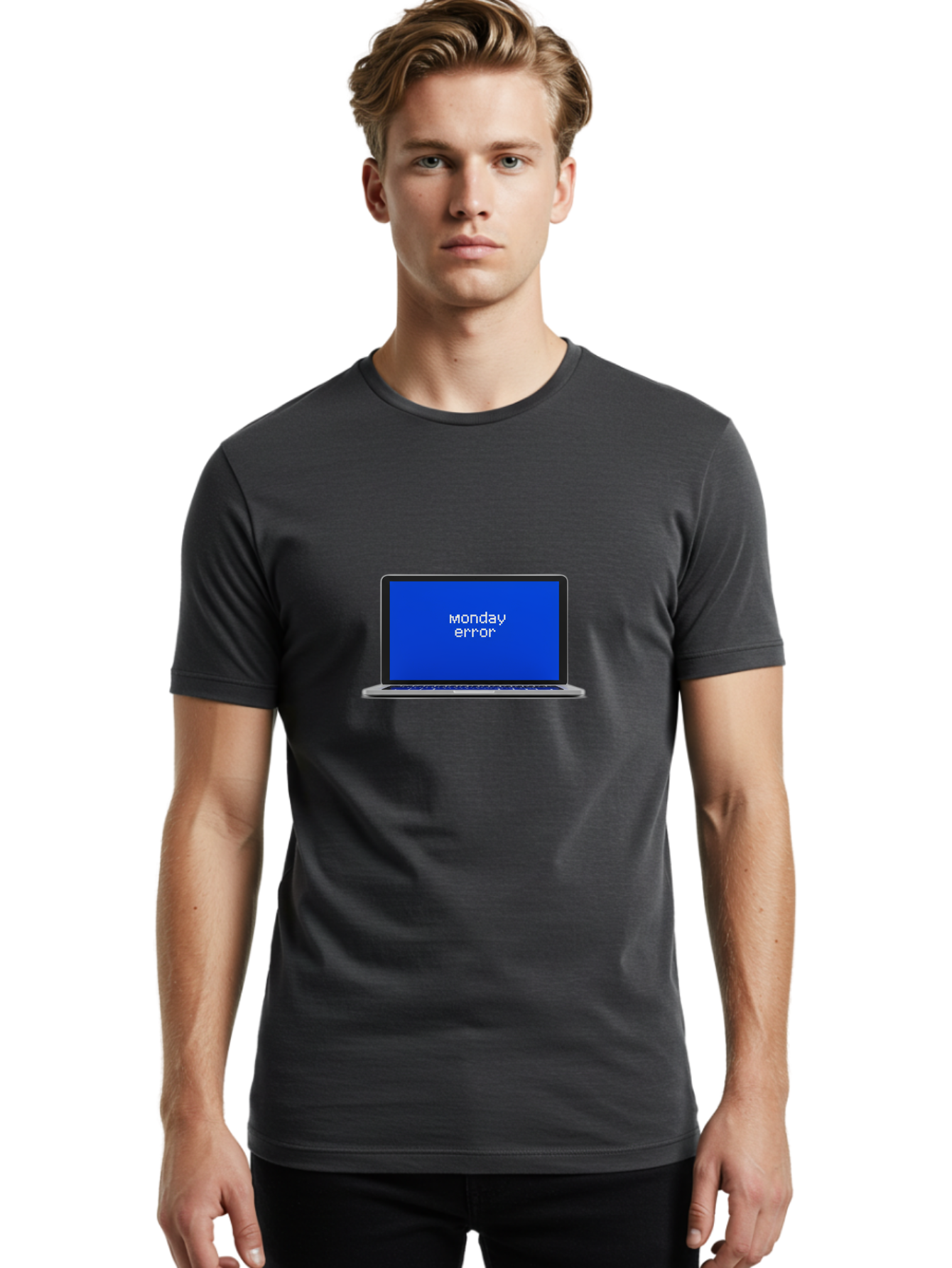 Monday-Error-1 Men'S Graphic Tee, 100% Cotton, Comfortable Casual Summer Wear, Machine Washable, Laptop Screen, Error Message, Blue Screen, Monday Blues, Technical Issue, Computer Problem, Glitch, System Failure Bae519