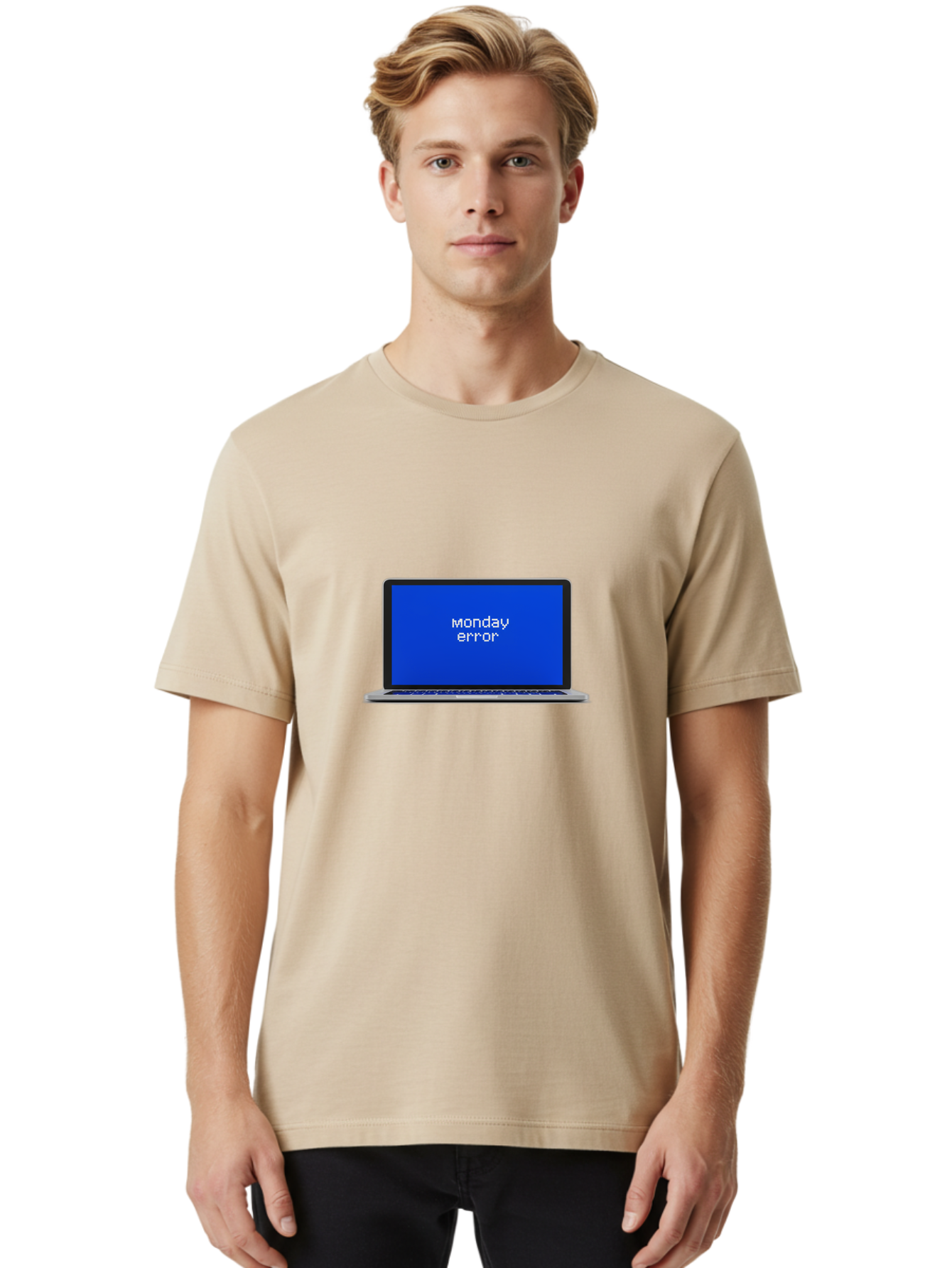 Monday-Error-1 Men'S Graphic Tee, 100% Cotton, Comfortable Casual Summer Wear, Machine Washable, Laptop Screen, Error Message, Blue Screen, Monday Blues, Technical Issue, Computer Problem, Glitch, System Failure Bae519