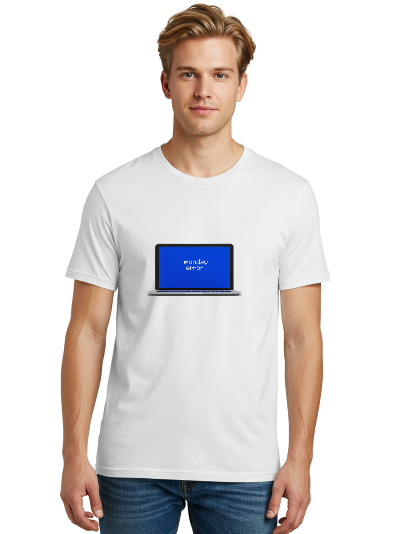 Monday-Error-1 Men'S Graphic Tee, 100% Cotton, Comfortable Casual Summer Wear, Machine Washable, Laptop Screen, Error Message, Blue Screen, Monday Blues, Technical Issue, Computer Problem, Glitch, System Failure Bae519