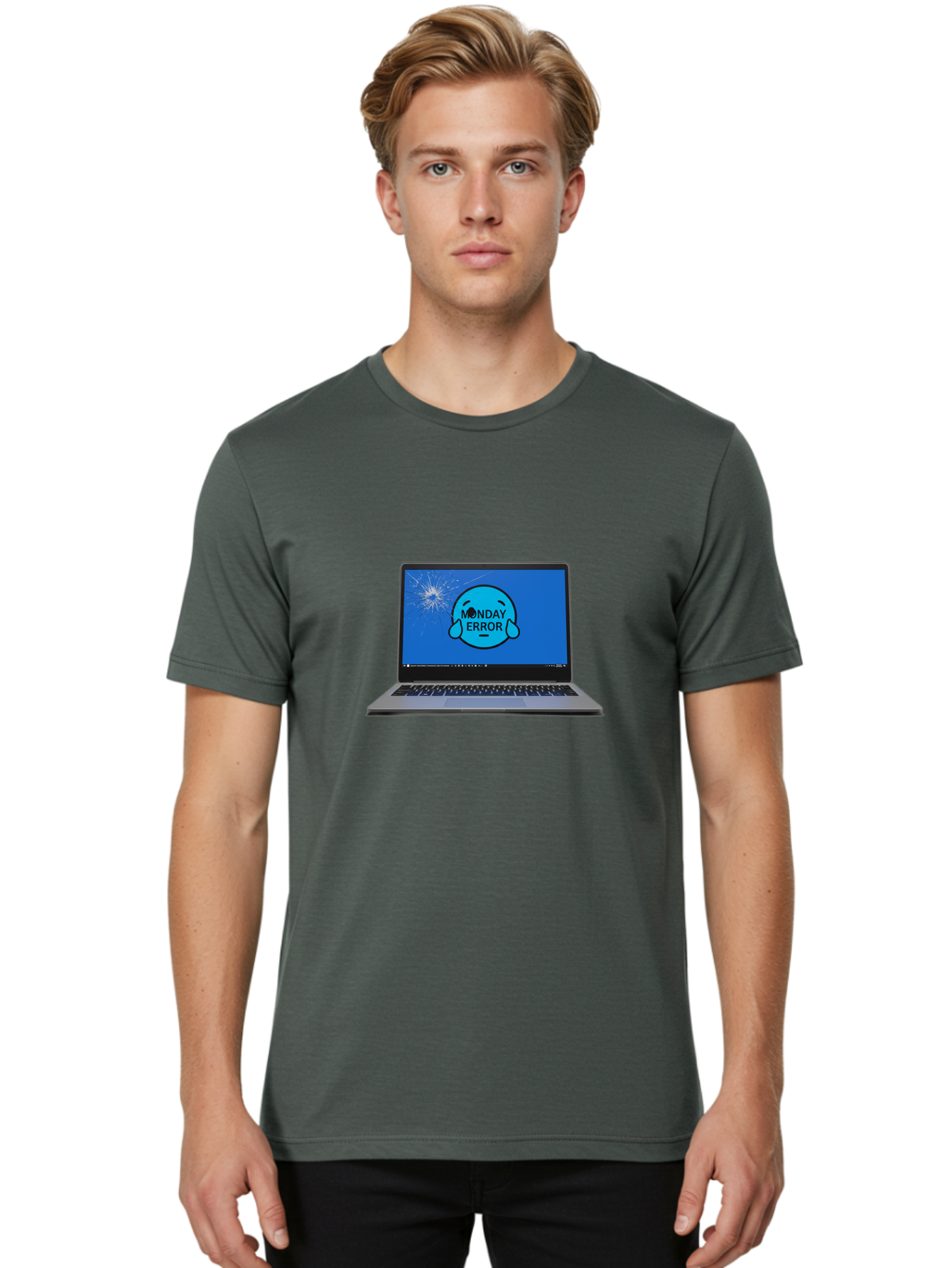 Monday-Error-10 Men'S Graphic Tee, 100% Cotton, Comfortable Casual Summer Wear, Machine Washable, Laptop Screen, Error Message, Monday Blues, Broken Computer, Tech Issue, System Failure, Sad Face, Cracked Screen, Digital Glitch Bae520