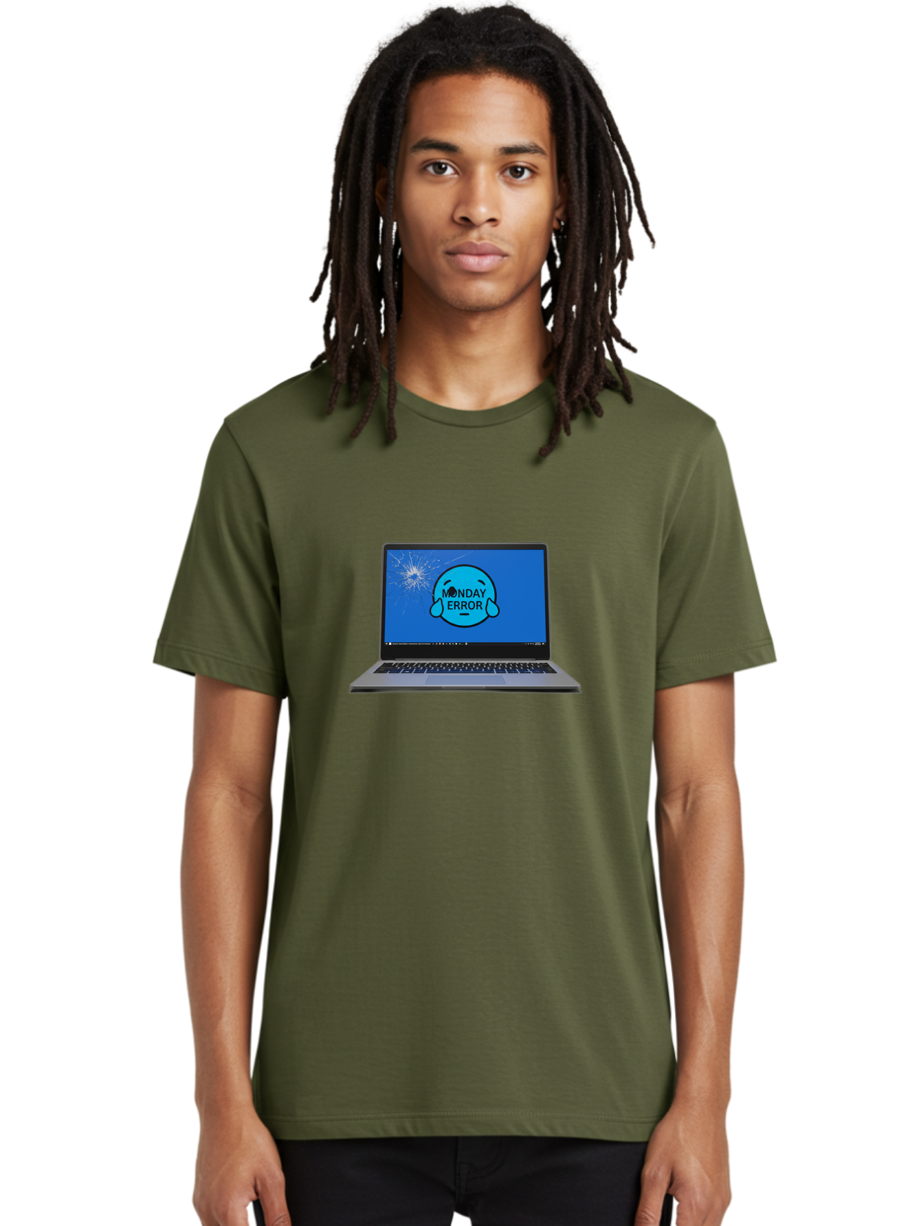 Monday-Error-10 Men'S Graphic Tee, 100% Cotton, Comfortable Casual Summer Wear, Machine Washable, Laptop Screen, Error Message, Monday Blues, Broken Computer, Tech Issue, System Failure, Sad Face, Cracked Screen, Digital Glitch Bae520